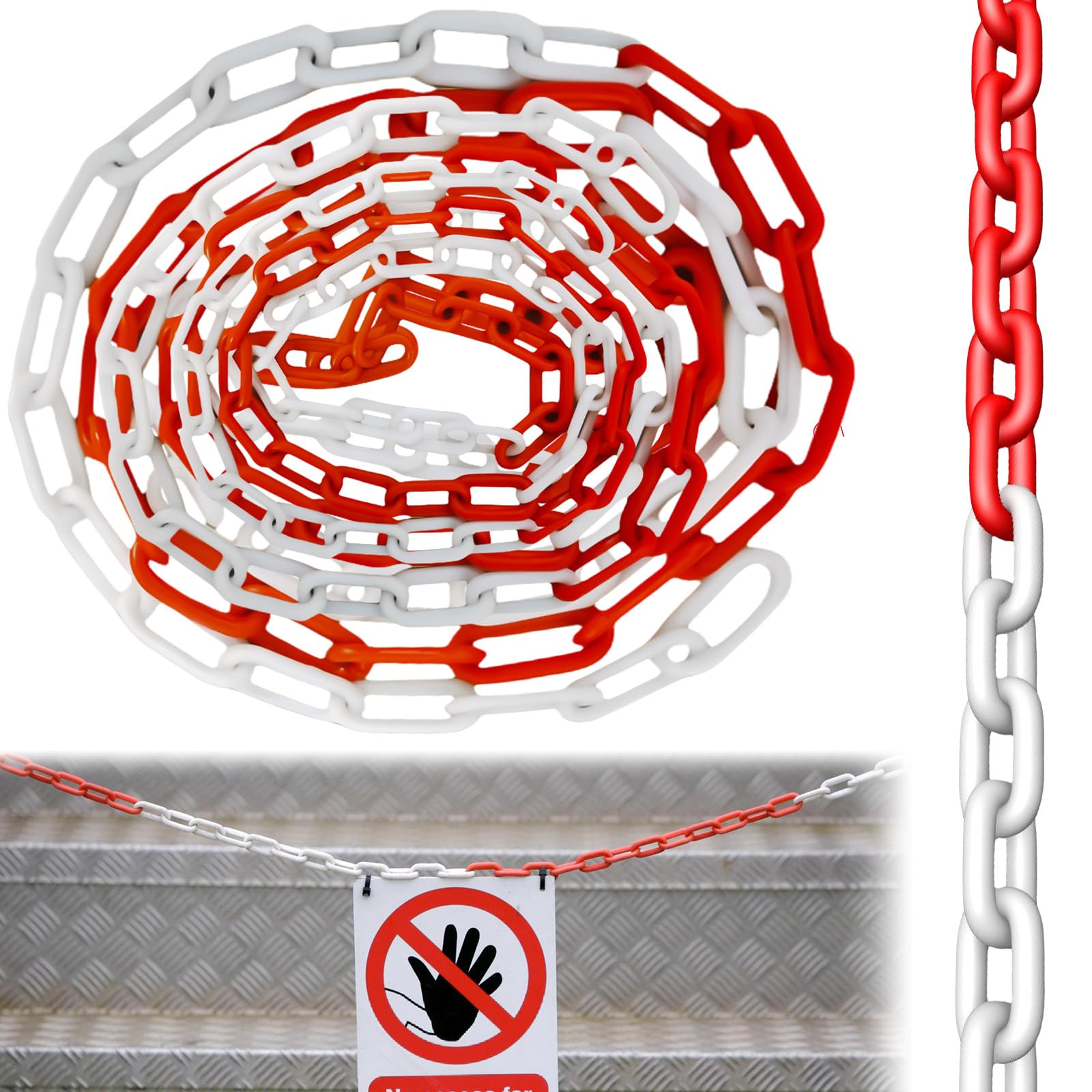 Cadena de seguridad de 15 m, 6 mm, color rojo, blanco, plástico, rojo y blanco, cadena de advertencia de plástico, cadena de seguridad para obras, cadena de eslabones de plástico para cierre para