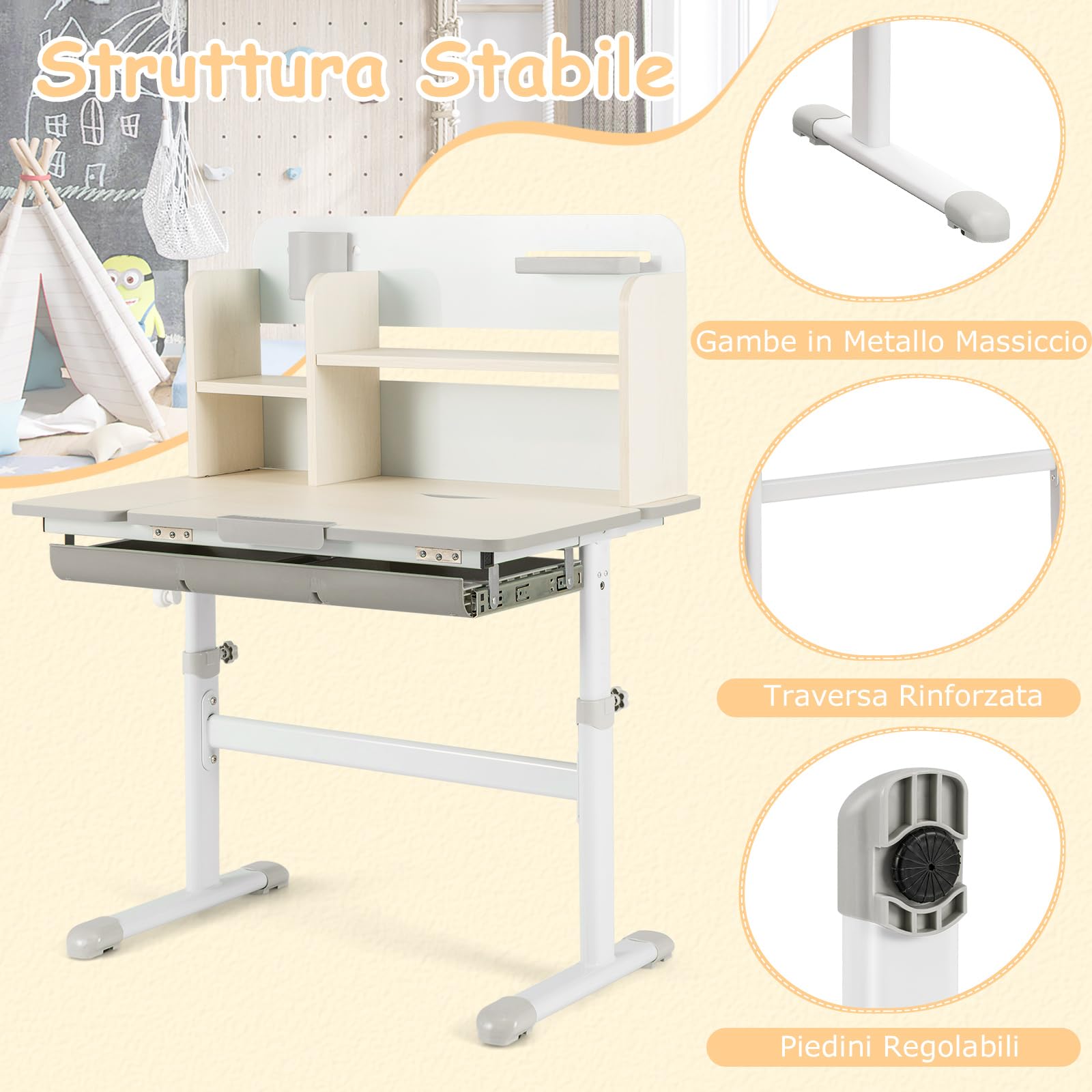 COSTWAY Scrivania per Bambini, Banco Scuola per 3-12 Anni Regolabile in Altezza da 50cm a 73cm con Piano Inclinabile 60°, Scrittoio Cameretta con Scaffale, Cassetto, Portapenne e Righello (Grigio)