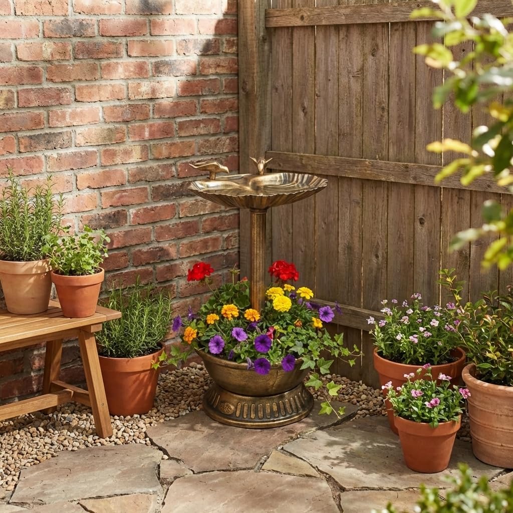 Gardenkraft Bain pour Oiseaux Coquille de palourde avec Base jardinière Bronze