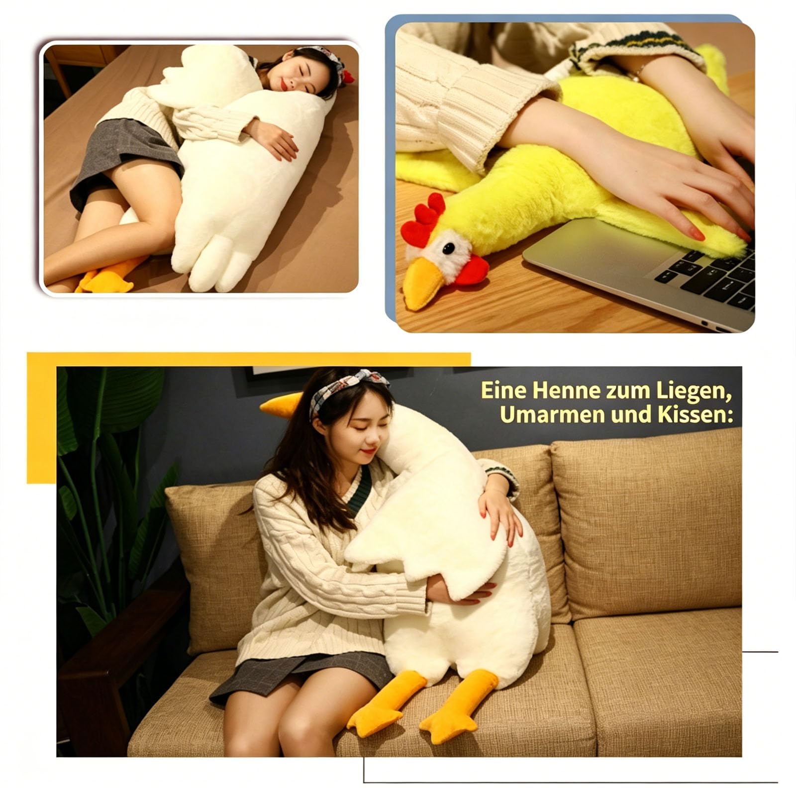 Huhn Kuscheltier XXL, Hähnchen Ausgestopft Plüschkissen, Simuliertes Tier Hühner Plüschtier, Weiches Tier Mutter Huhn Plüschpuppen, Hühner Spielzeug für Jungen Mädchen Geschenke (130cm,Weiß)