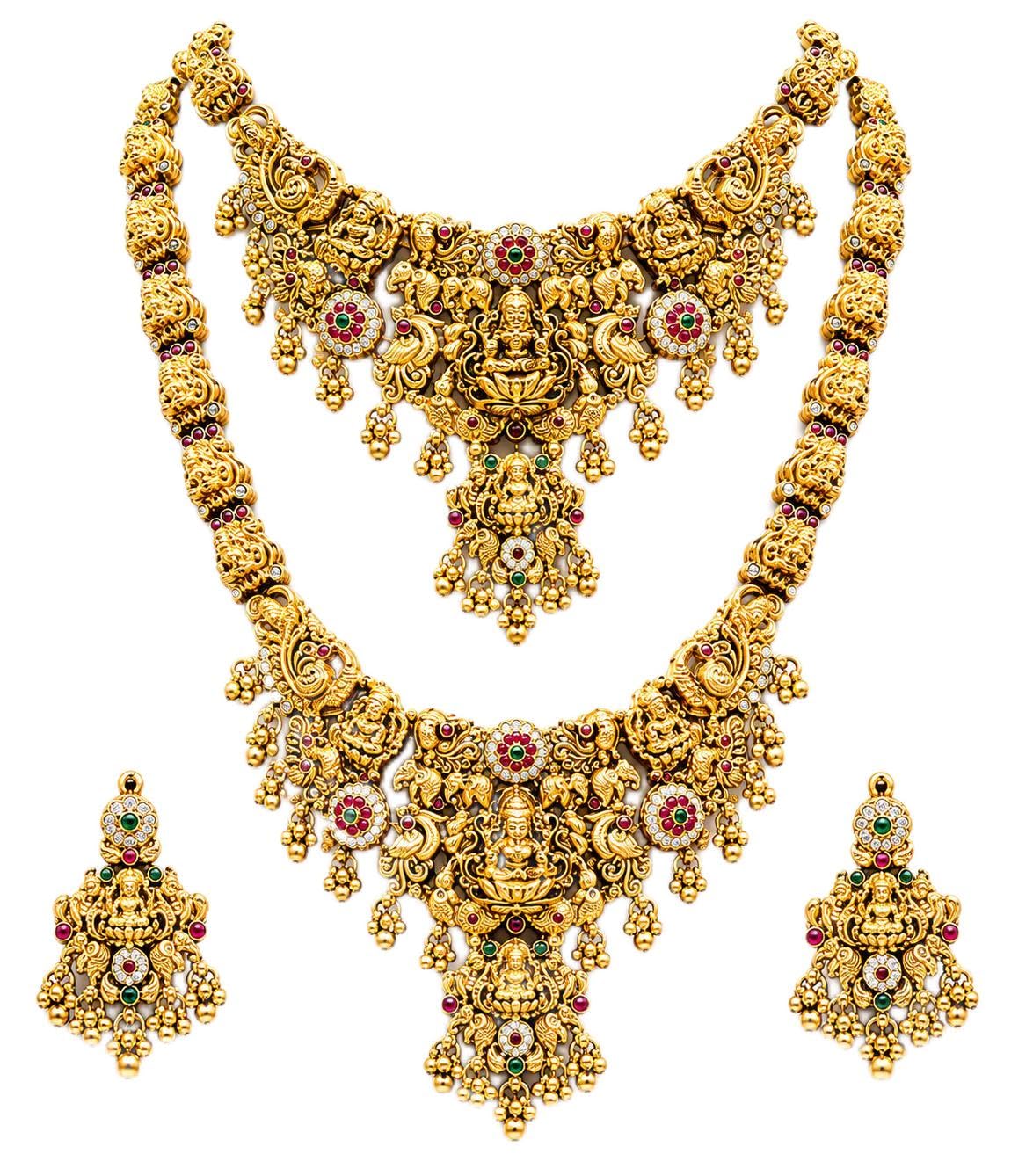 Traditional Temple Jewellery Bridal Necklace Set, Gold-Toned, Ruby and Emerald Stones, Lakshmi Motif, with Earrings-image-25