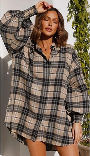 Miniatura 7 de Camisa de gran tamaño a cuadros con botones para mujer, para otoño, holgada, de manga larga, con cuello alto, elegante, cómoda, ropa