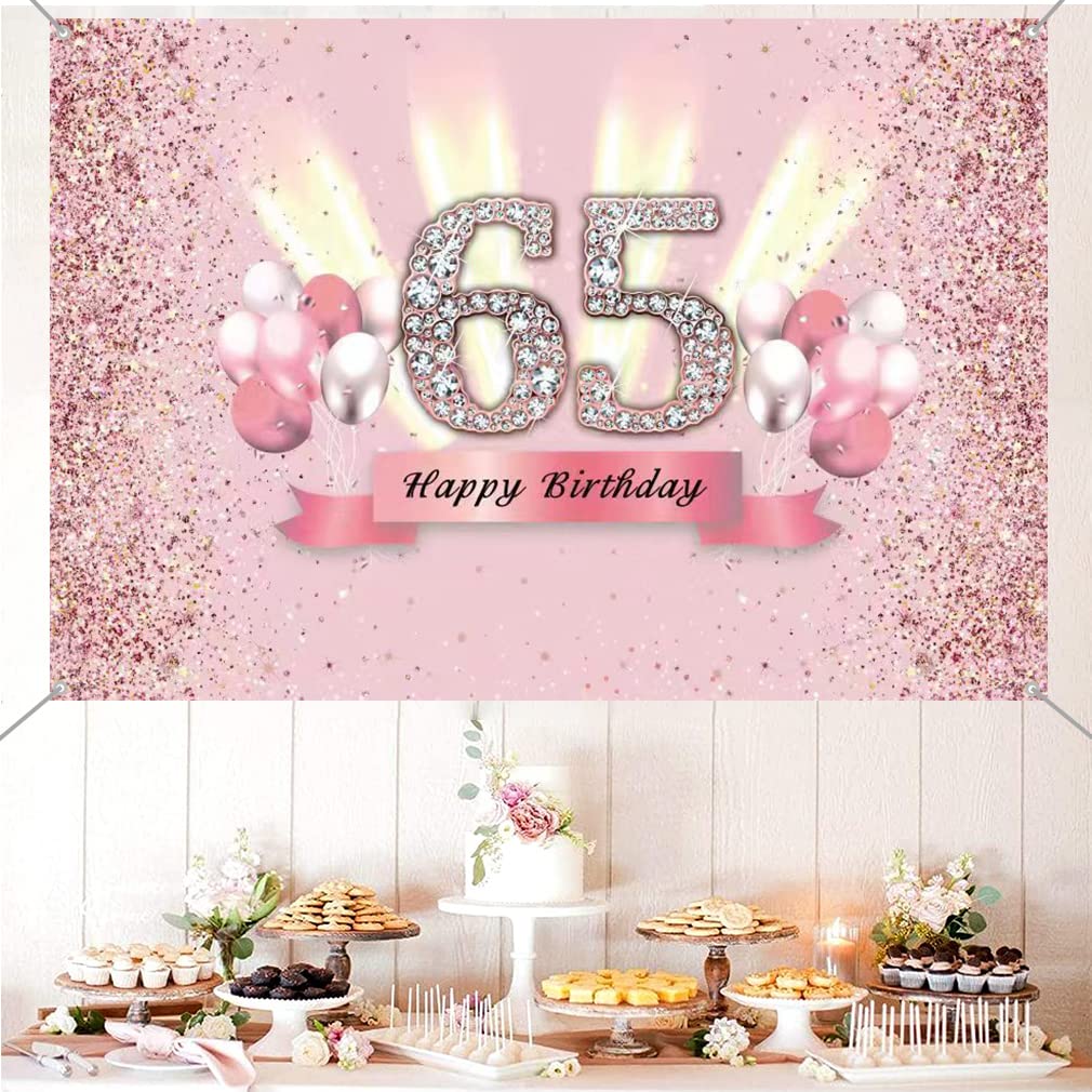 Banydoll 65e verjaardag vrouw decoratie, 65e verjaardagsbanner, banner 65e verjaardag vrouwen en mannen, roze decoratie banner achtergrond, extra grote verjaardag 65e bordposter voor verjaardagsfeest decoratie