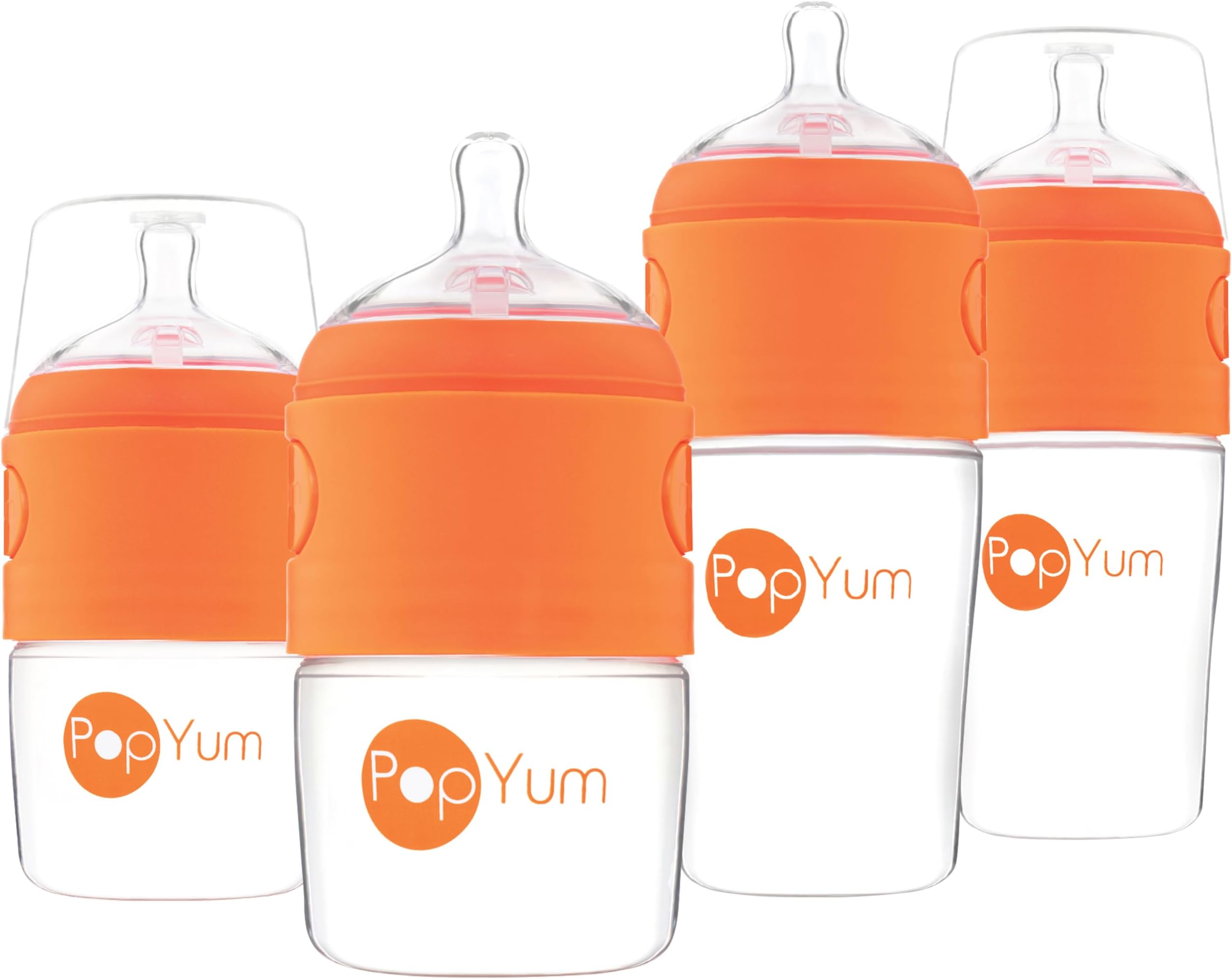PopYum Orange Formula Making Baby Bottle Starter Set, 4-Pack, 2X 5oz Bottles with #1 Slow Flow Nipples + 2X 9oz Bottles with #2 Medium Flow Nipples