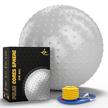 PulseITCoreSphere Anti-Burst Spiky Gym Ball with Foot Pump Exercise Stability Ball for Yoga, Pilates, Balance Training, Core Strength, Home & Office Fitness for Men & Women (75cm-Silver)