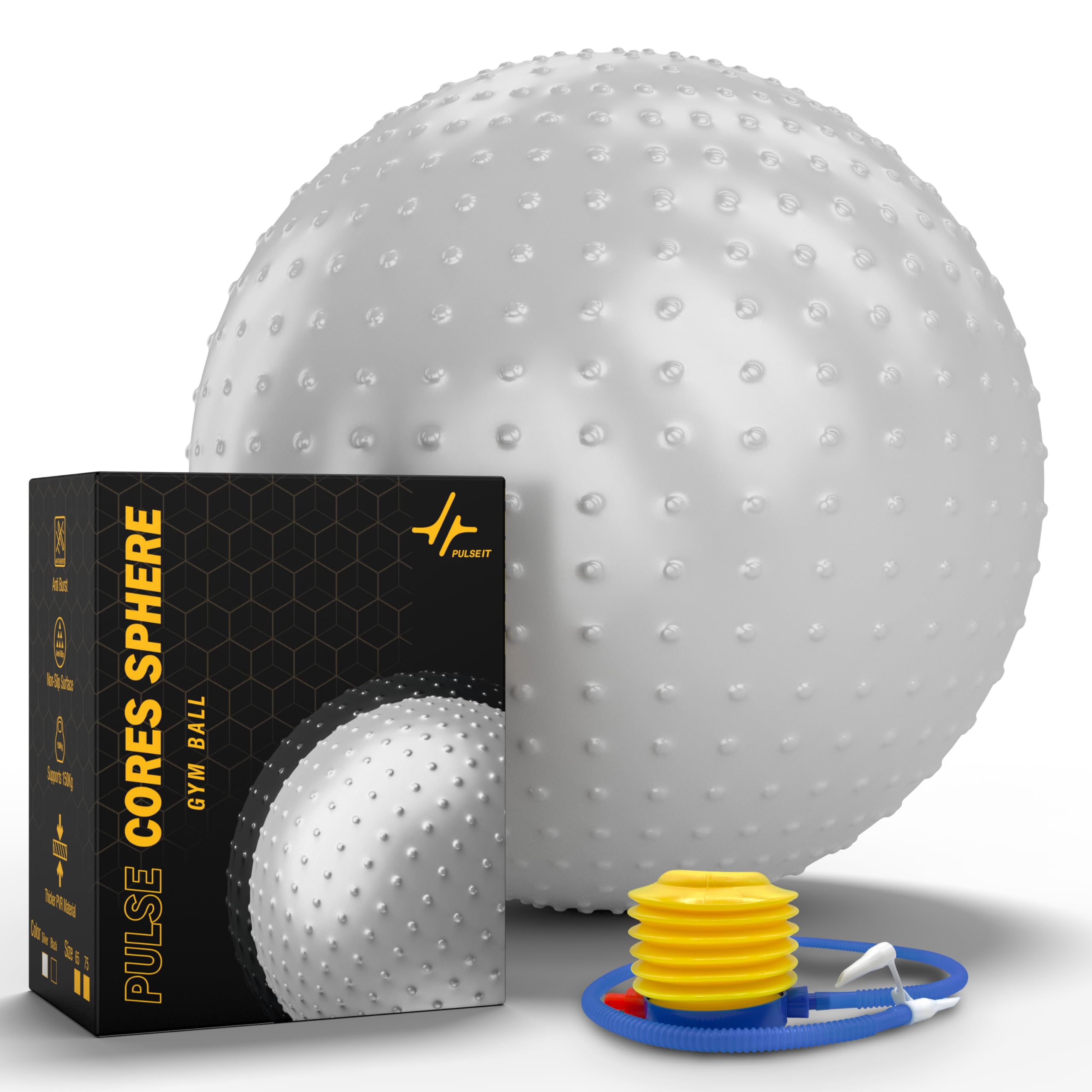PulseCoreSphere Anti-Burst Spiky Gym Ball with Foot Pump 75cm Silver Exercise Stability Ball for Yoga, Pilates, Balance Training, Core Strength, Home & Office Fitness for Men & Women