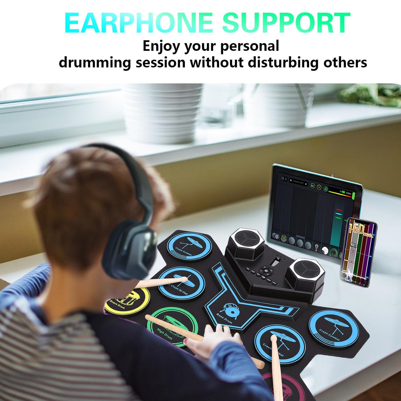 Generic Set di Batteria Elettronica Portatile Arrotolabile con Pad in Silicone e Funzione MIDI per Adolescenti e Adulti, Design Leggero