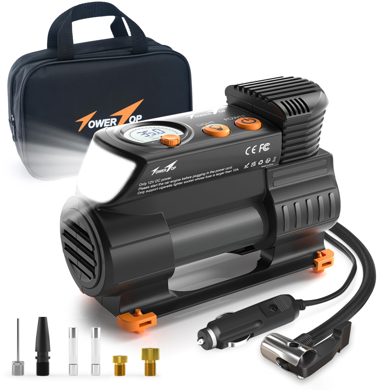 TowerTopTyre Inflator Air Compressor: 2X Faster Heavy Duty Car Tyre Pump Portable 12V Digital Tyre Inflator with High Precision Pressure Gauge, Memory Function, 1 Min Inflation, LED Light, Handbag