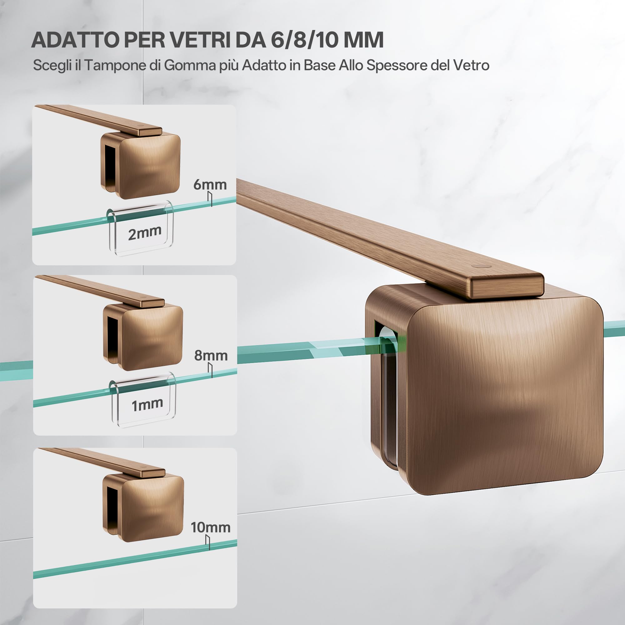 Barra telescopica di supporto da parete per box doccia in acciaio inox, regolabile 68,5-127,8 cm (dal muro al bordo interno del vetro), per vetri 6-10 mm, oro rosa spazzolato