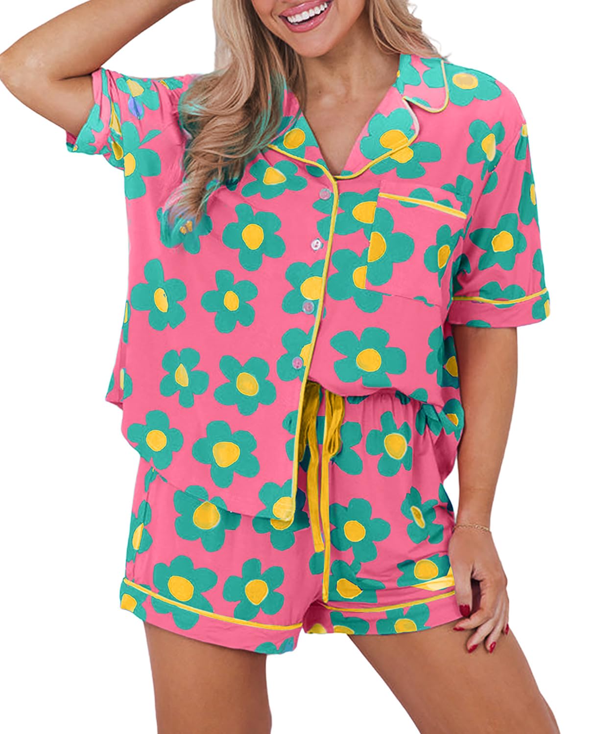 女性用パジャマセット ピンクフラワープリント ボタン付きドローストリングウエスト ラウンジセット 半袖トップとショーツ