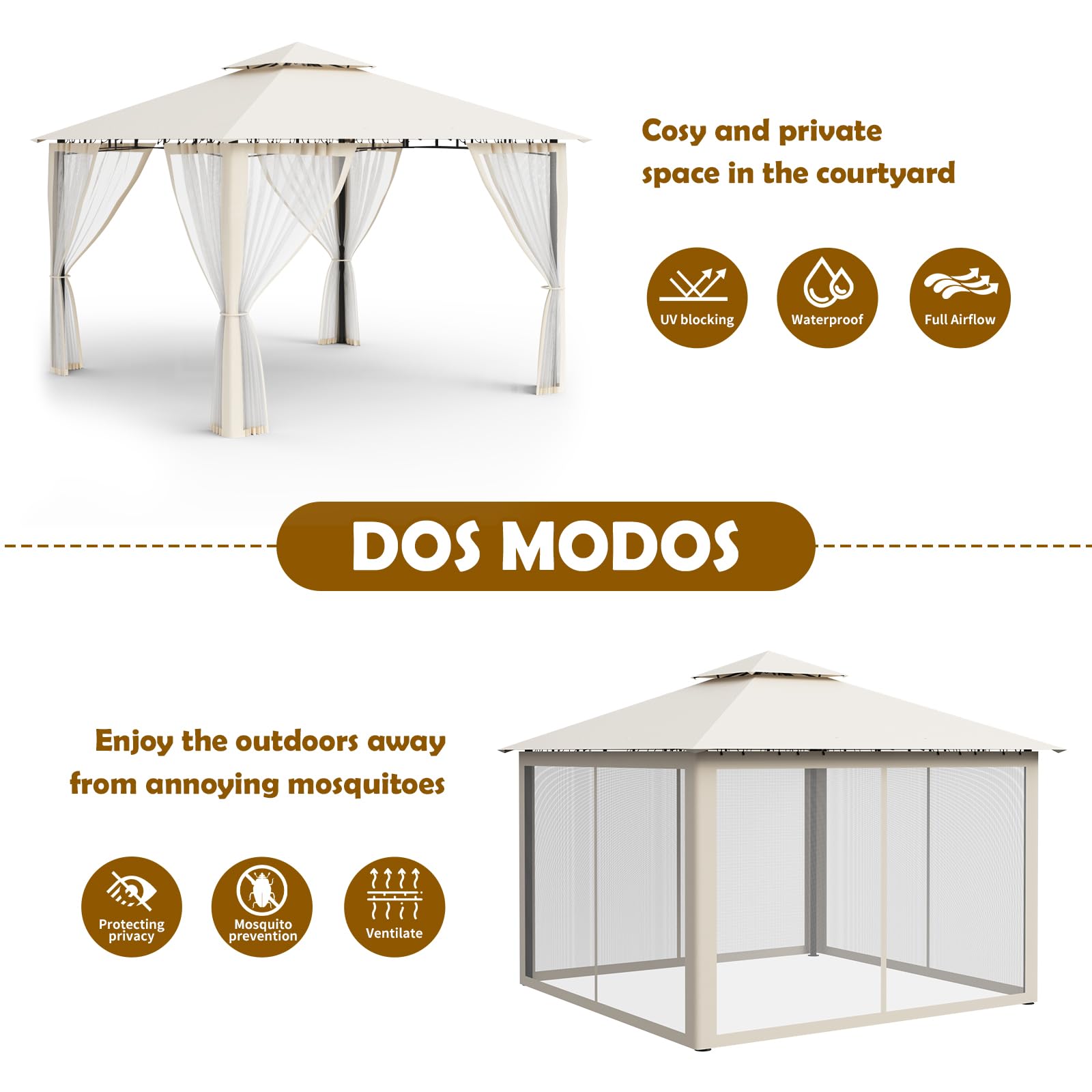 Amopatio Cenador de Jardín, 2.75x2.75m, Doble Techo Impermeable con Mosquitera Incluida - Pergola Exterior de Metal para Fiestas, cenador de Metal para Piscina,Beige
