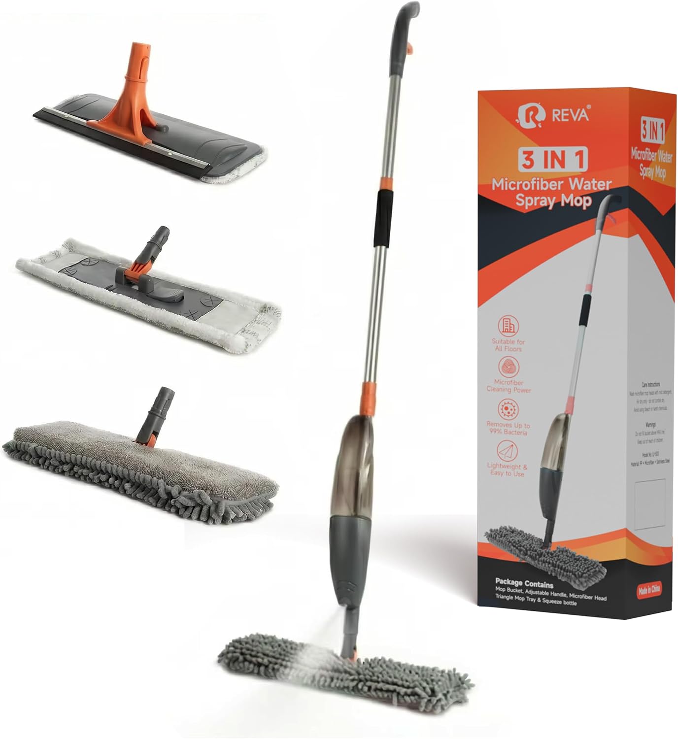 3-in-1 Spray Mop Set with Double-Sided Chenille, Microfiber, and Squeegee Pads - Lightweight Aluminum Handle, 520ML Water Tank, All-Floor & Window Cleaning (Stella - LV-S03)