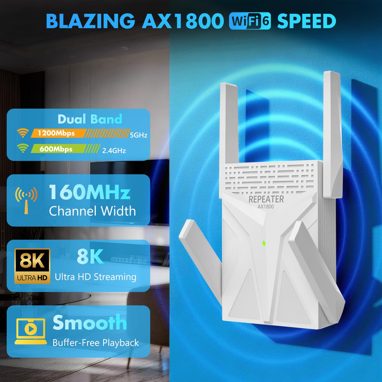 AX1800 WiFi 6 Repeater, WLAN Verstärker bis zu 9800 sq.ft Abdeckung, Dual Band 1800 Mbit/s, WLAN Repeater mit Gigabit LAN Port, Signalverstärker für Zuhause, Kompatibel mit Allen Routern
