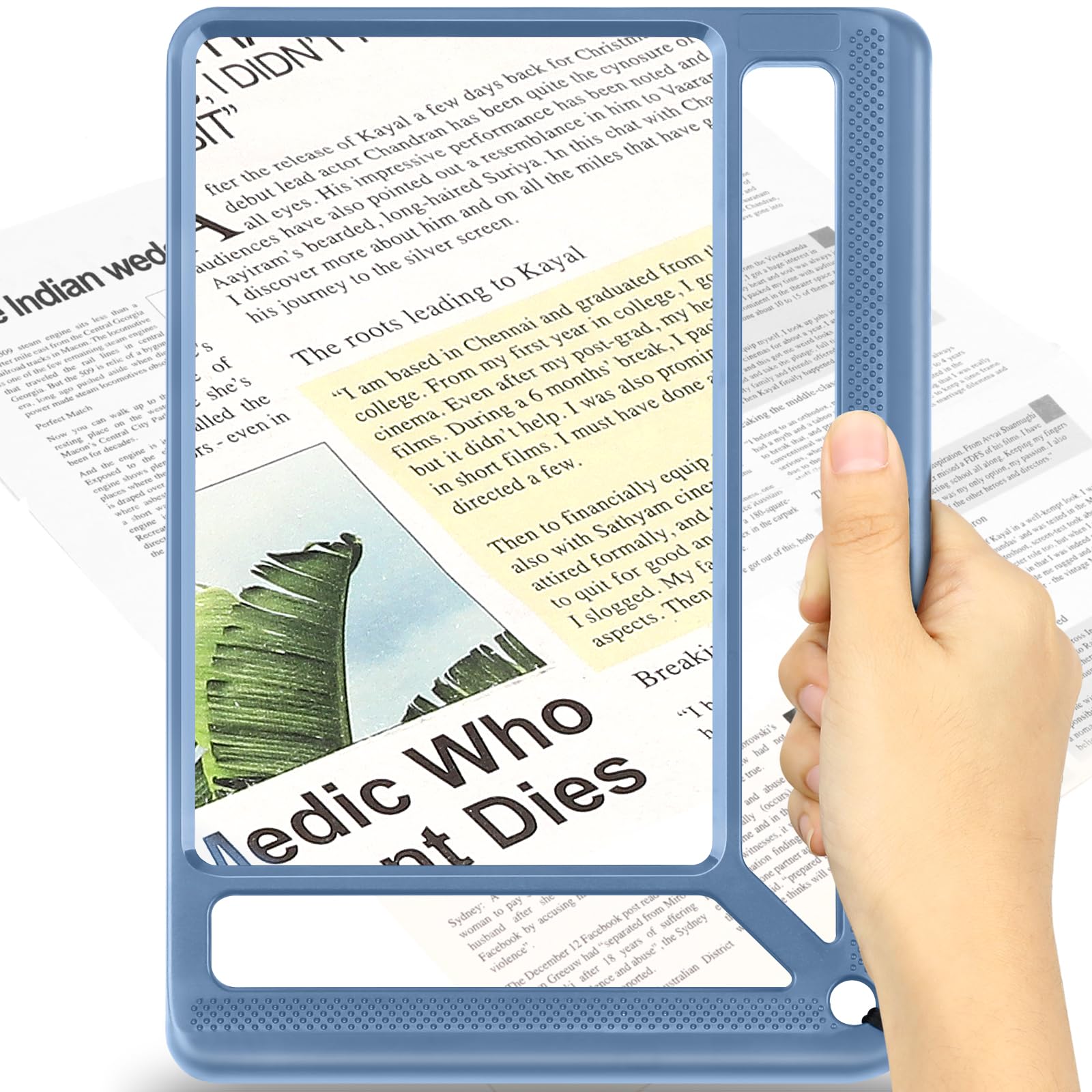AKKYCVS 5X Full Page Magnifying Glass for Reading, Lightweight Rectangular Magnifier Provides Large Book Page Viewing Area, Handheld Magnifier for Reading Small Prints for Seniors, Low Vision-Blue