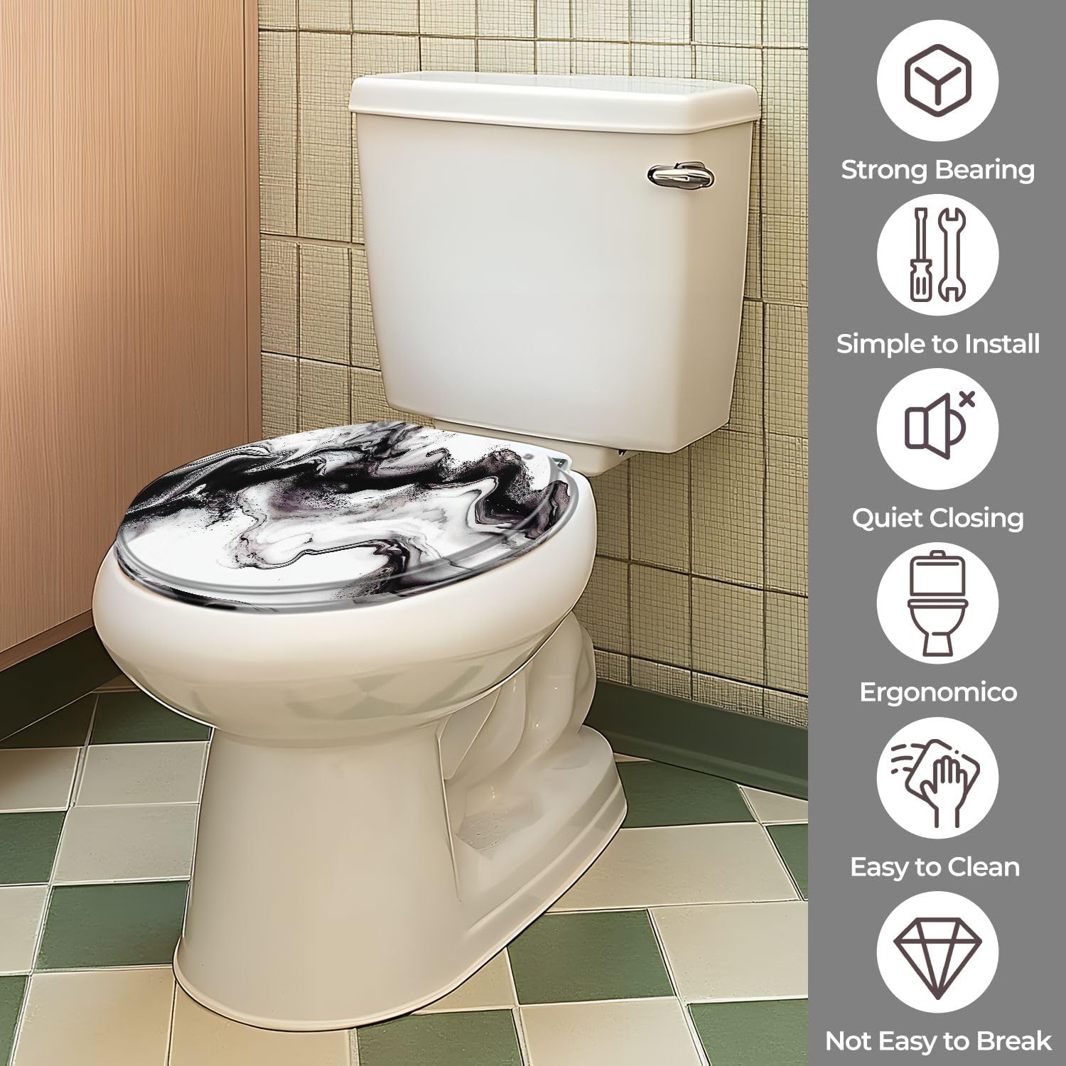 Asiento de inodoro de resina con bisagras de liberación rápida, fácil instalación para el baño.