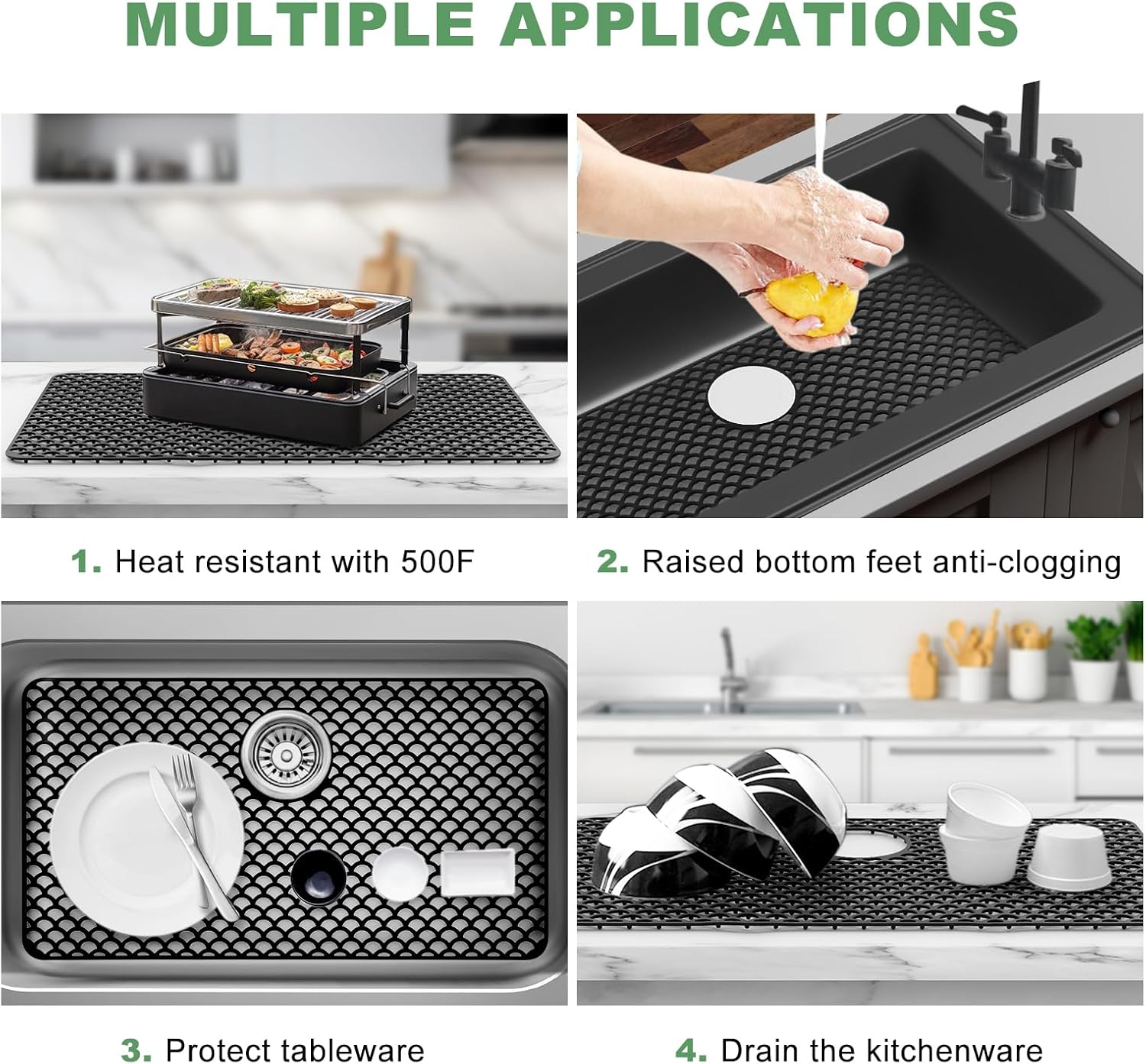 Sink Protectors for Kitchen Sink - Large 28.4"x 15" with Rear Drain Hole Heat Resistant Easy Clean Non-slip Silicone Kitchens Sinks Mat for Bottom of Kitchen Sinks Stainless Steel(Black)-72x38CM
