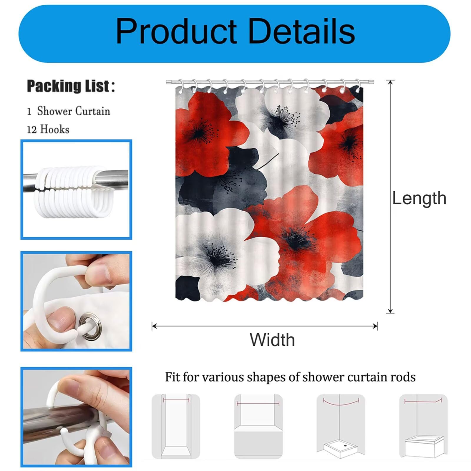 Rideau de Douche 200 x 240 cm Anti Moisissure Rideau Douche Beige Shower Curtain Rouge Imperméable Tissu Polyester Séchage Rapide Shower Curtain avec Ourlet Inférieur Lesté et 12 Crochets 3Y#334