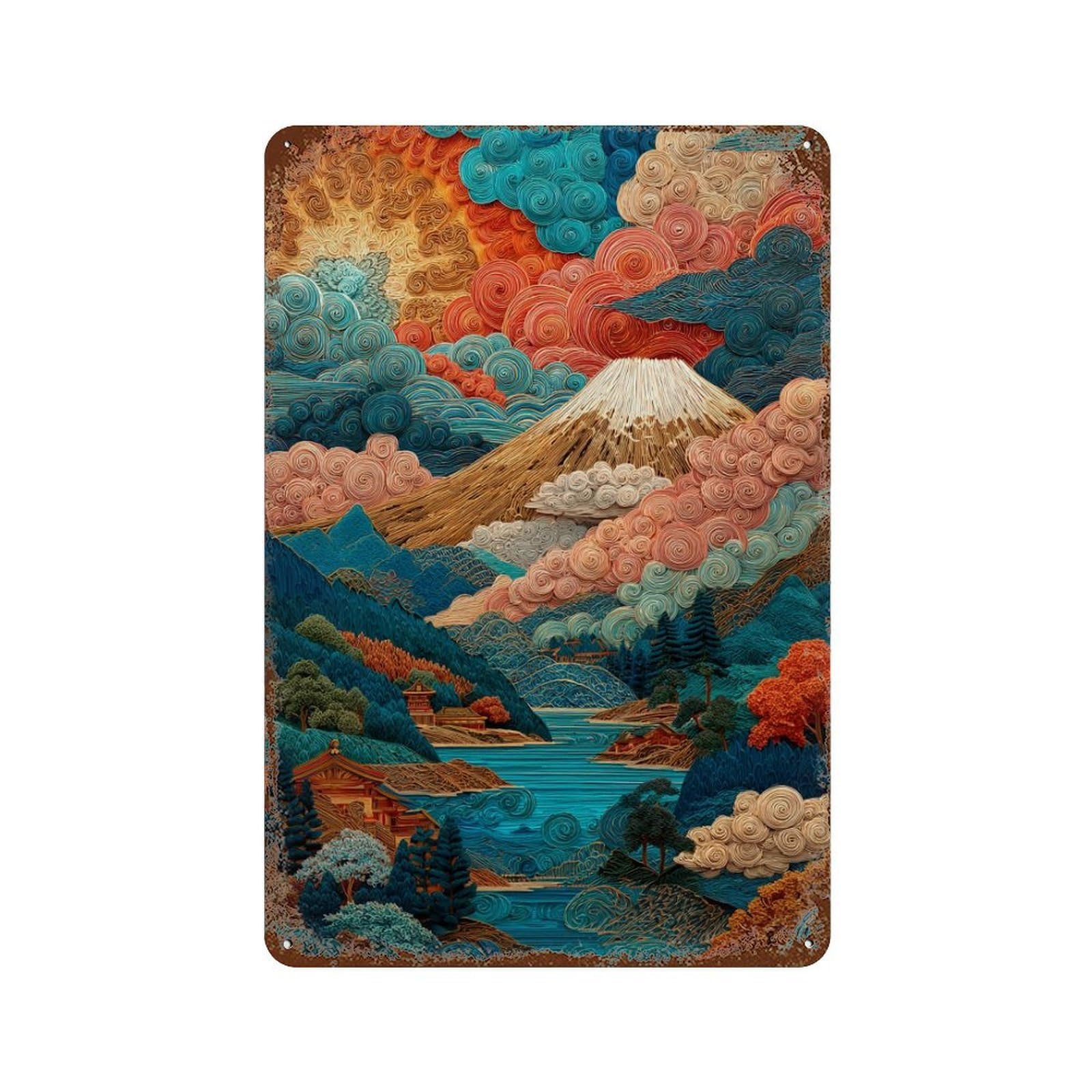 Retro Metal Sign Japanese Landscape with Mount Fuji 11.8"x7.9", Retro Wall Decor for Living Room, Hallway And Home Decor