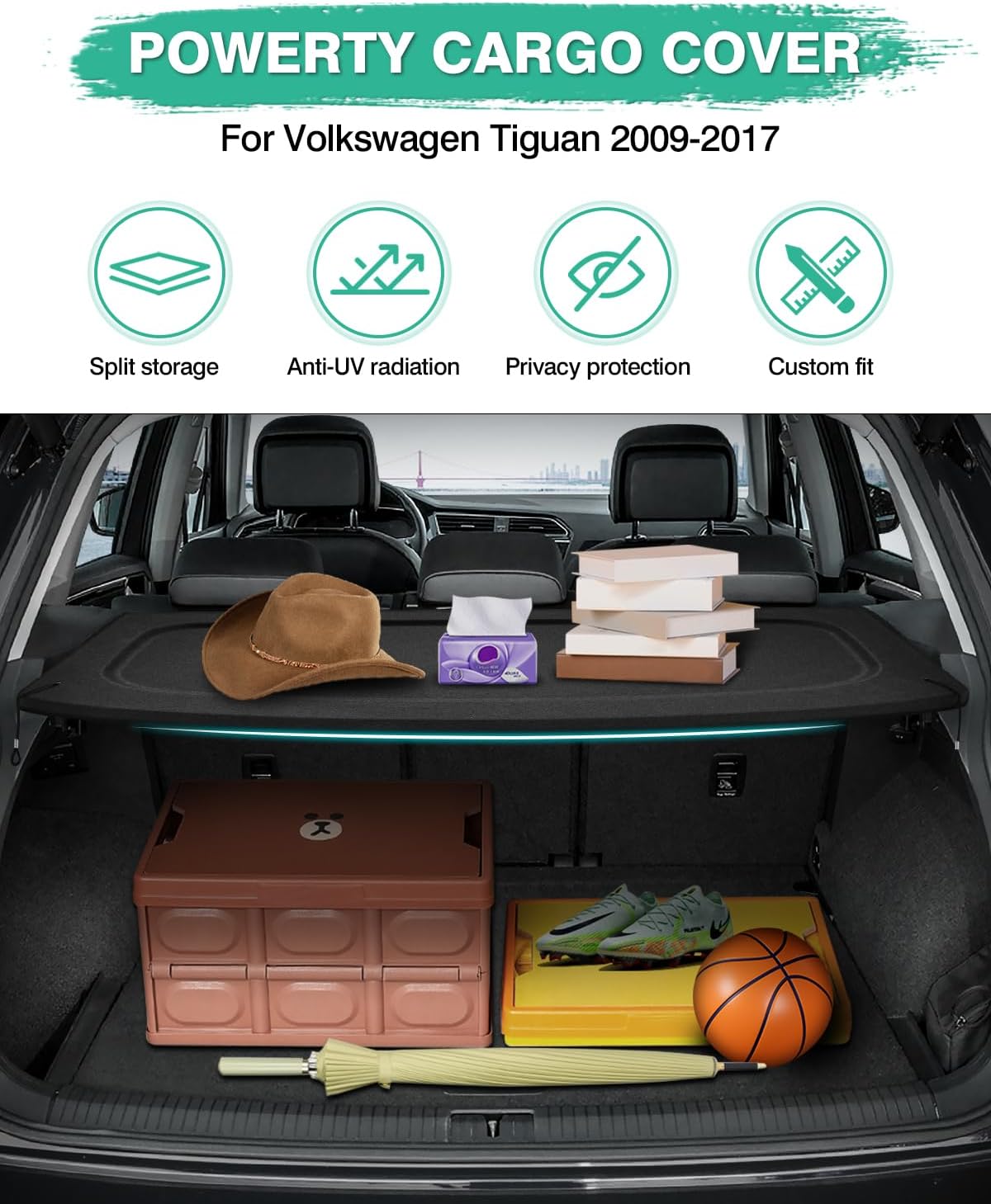powerty cargo cover for 2009-2016 2017 volkswagen vw tiguan accessories trunk cover retractable trunk shielding shade cargo luggage cover black vw tiguan 2009-2017