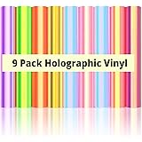 HTVRONT Holographic Vinyl Permanent - 9 Sheets Holographic Permanent Vinyl for Cutting Machine, 9 Pack 12 "x12 Adhesive Bundle, Easy to Use & Transfer Iridescent Adhesive Sheets