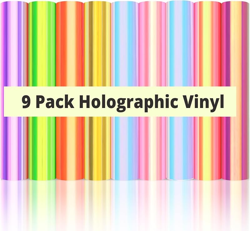 HTVRONT Vinil permanente holográfico, 9 folhas em cores variadas, 30,48 x 30,48 cm