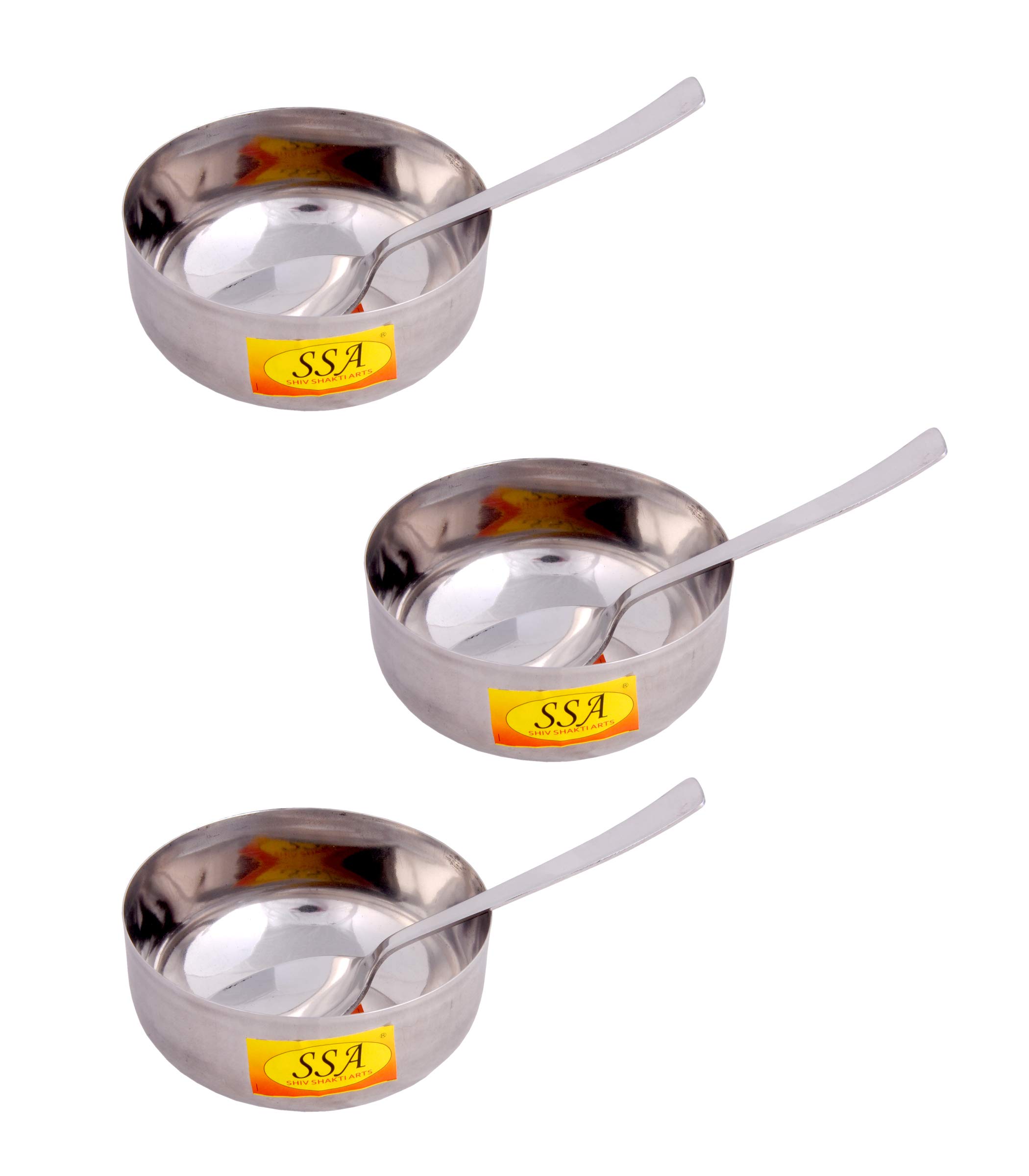SHIV SHAKTI ARTSStainless Steel Plane Handi, Bowl with Spoon(3 Piece, 300 Ml Each, Silver)