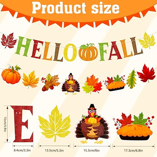 Miniatura 2 de Konsait Cartel de Hello Fall con diseño de hojas de arce y calabaza, pancarta con purpurina de Hello Fall para manto, suministros de decoración de