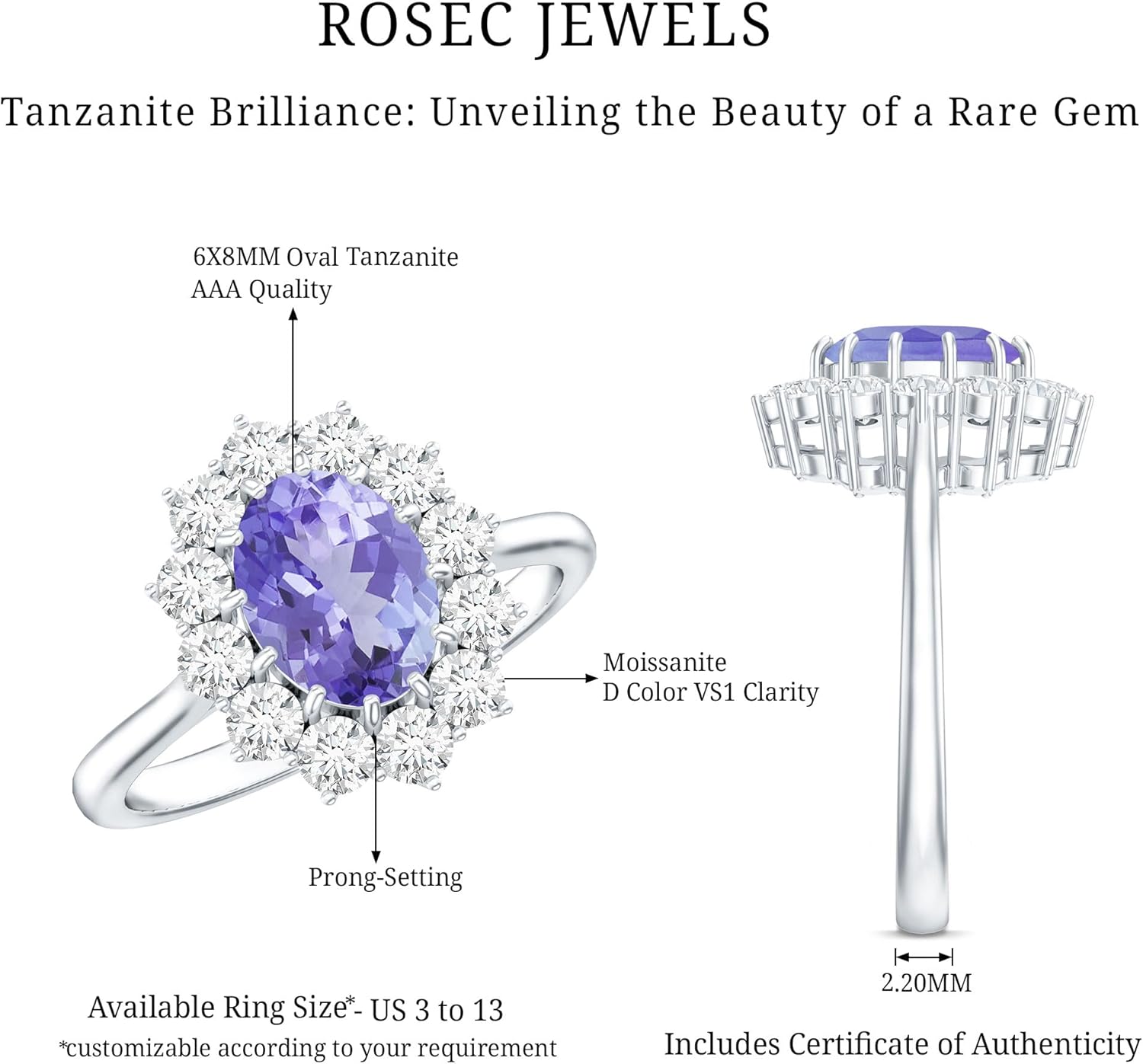 Natural 1.39 Carat Tanzanite Oblong Engagement Ring in Silver, Aaa Quality - Gift For Women Who Has Everything