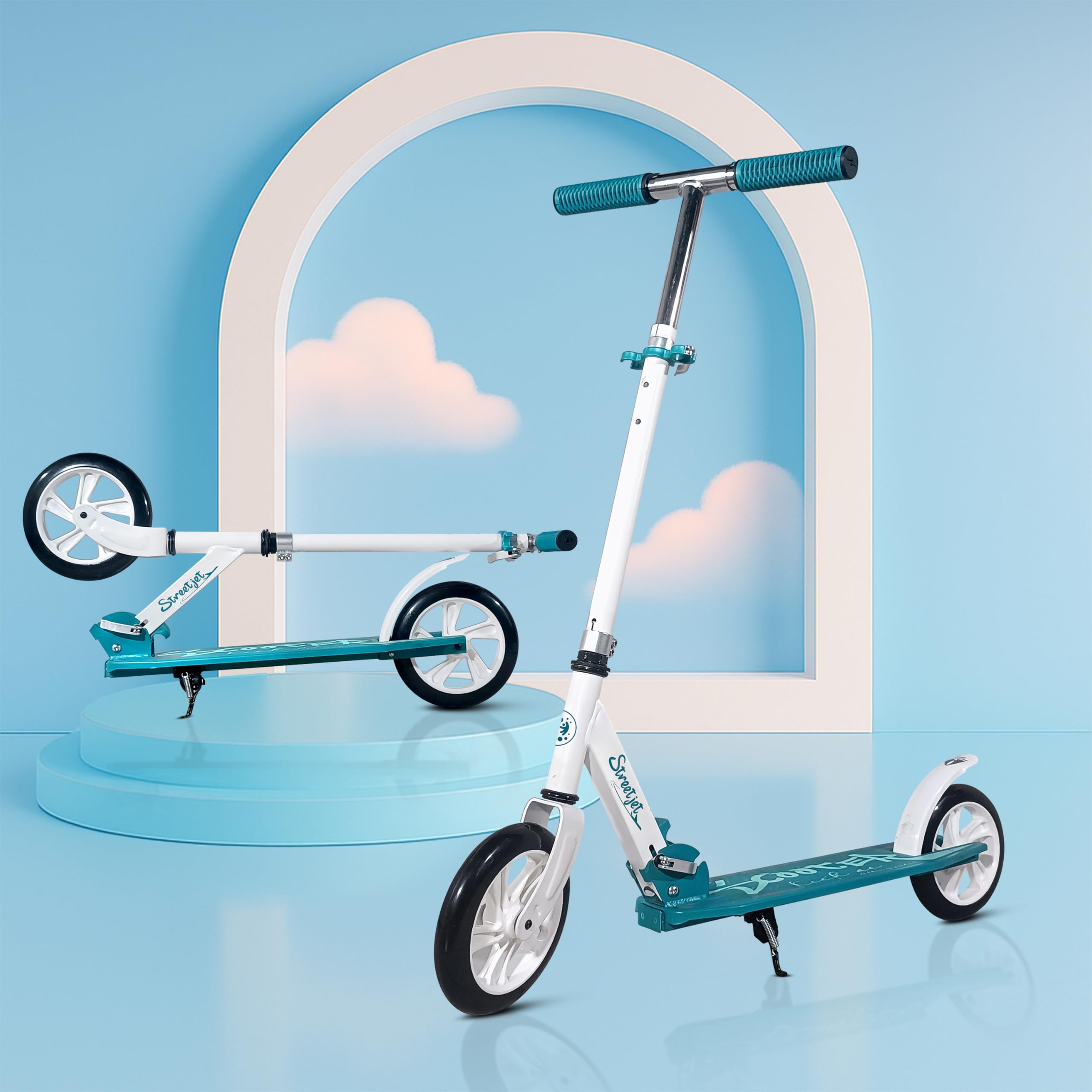 StreetJet Kick Scooter for Aged 6 Years and Above | Kids & Adult Scooter | 2 Wheel Scooter, Foldable Design, 3 Adjustable Height Options with Rear Braking Kick Scooter-Max Load 80kg (White)