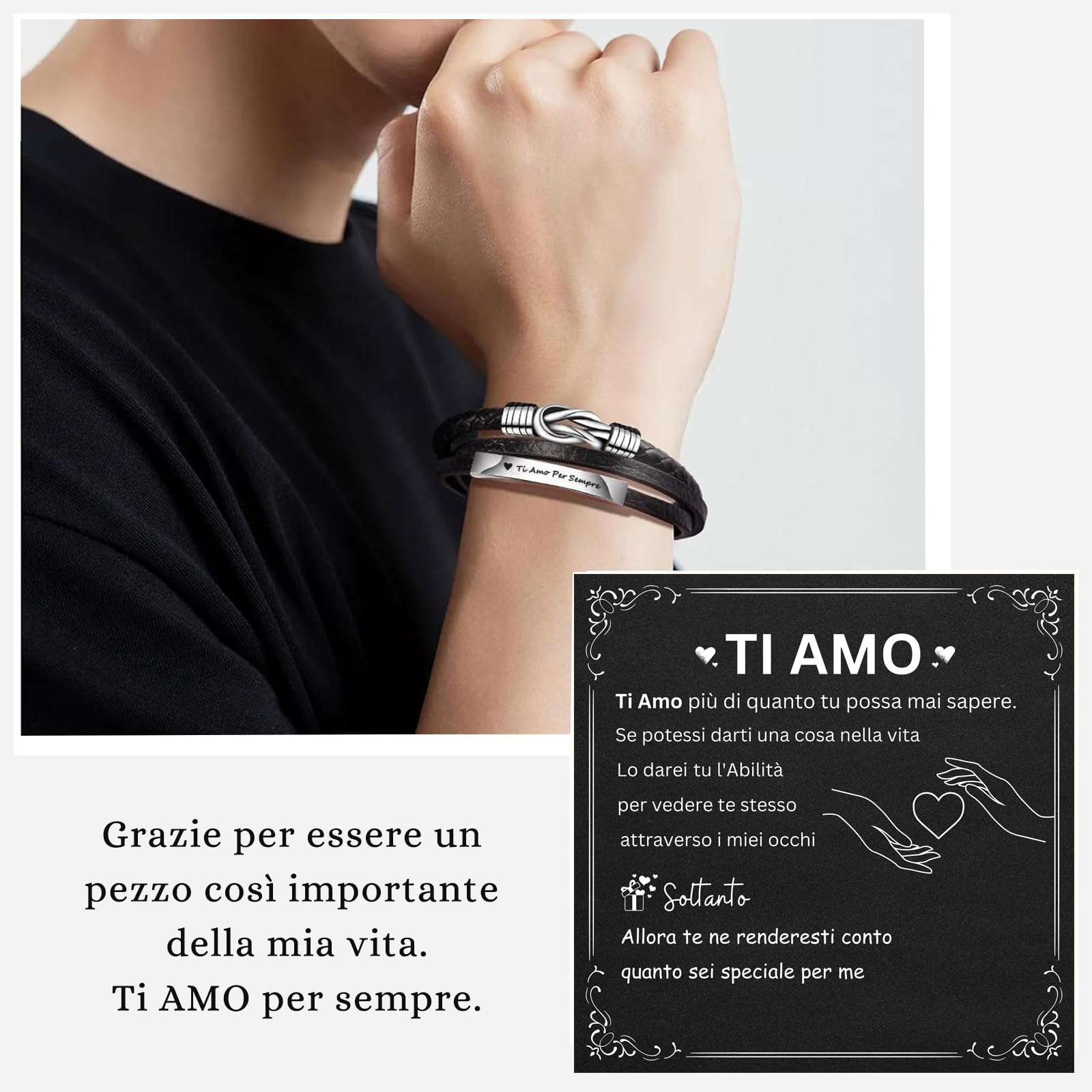 TERRISHE Regalo Uomo Bracciale Uomo Bracciale In Pelle Nera, Regalo per Papà Figlio Mariti Fidanzati, Regalo In Pelle per la Festa del Papà Laurea Compleanno Natale San Valentino