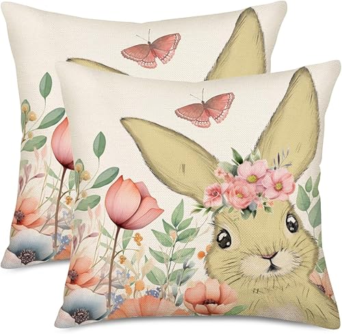 Fukeen Juego de 2 fundas de almohada de Pascua de 16 x 16 pulgadas, diseño floral de conejo, conejo, granja, decoración de granja, funda de cojín