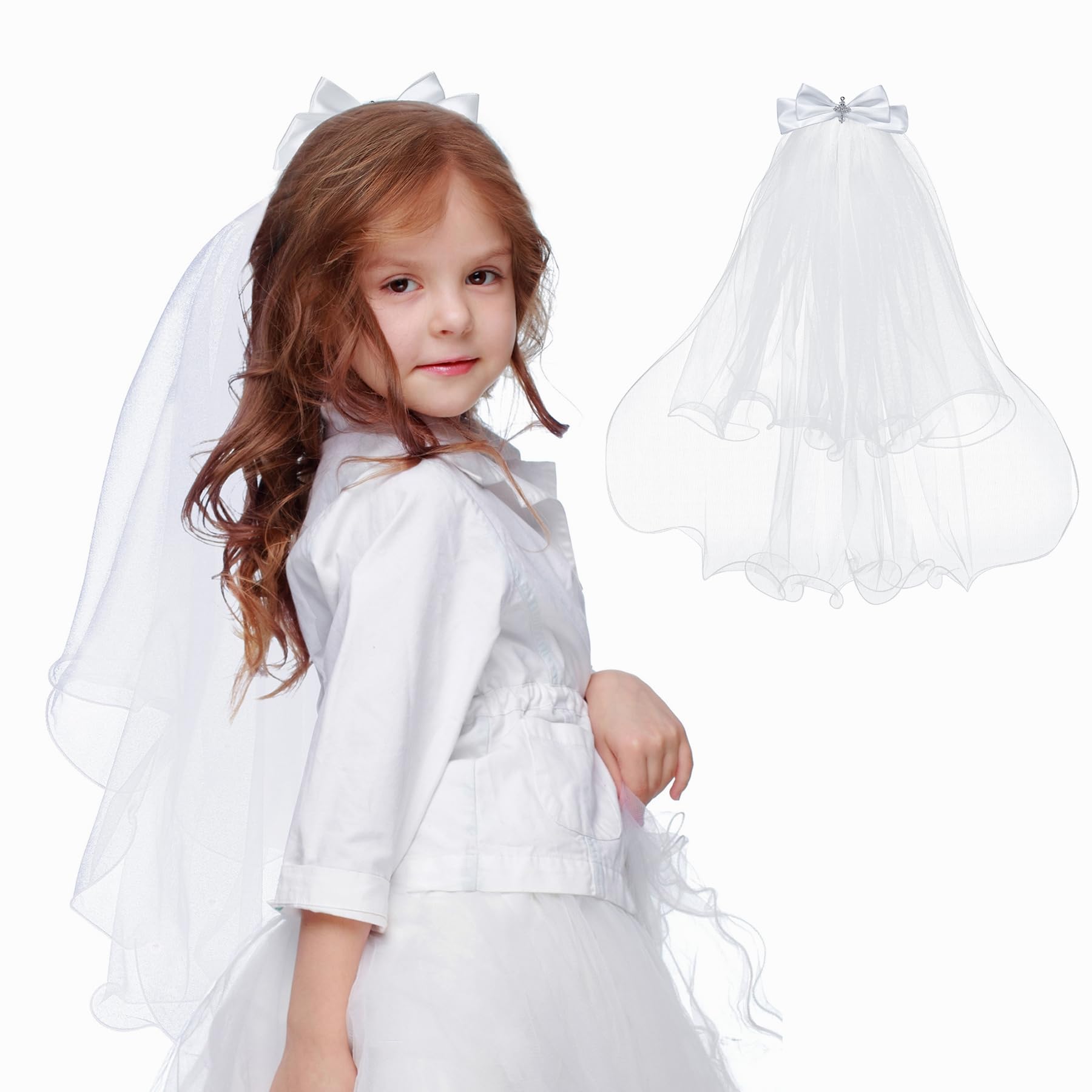 SWEETV First Communion Veil 1st Communion Veils For Kids Flower Girl Bow Headband Veil Holy Headpiece Wedding Catholic Party