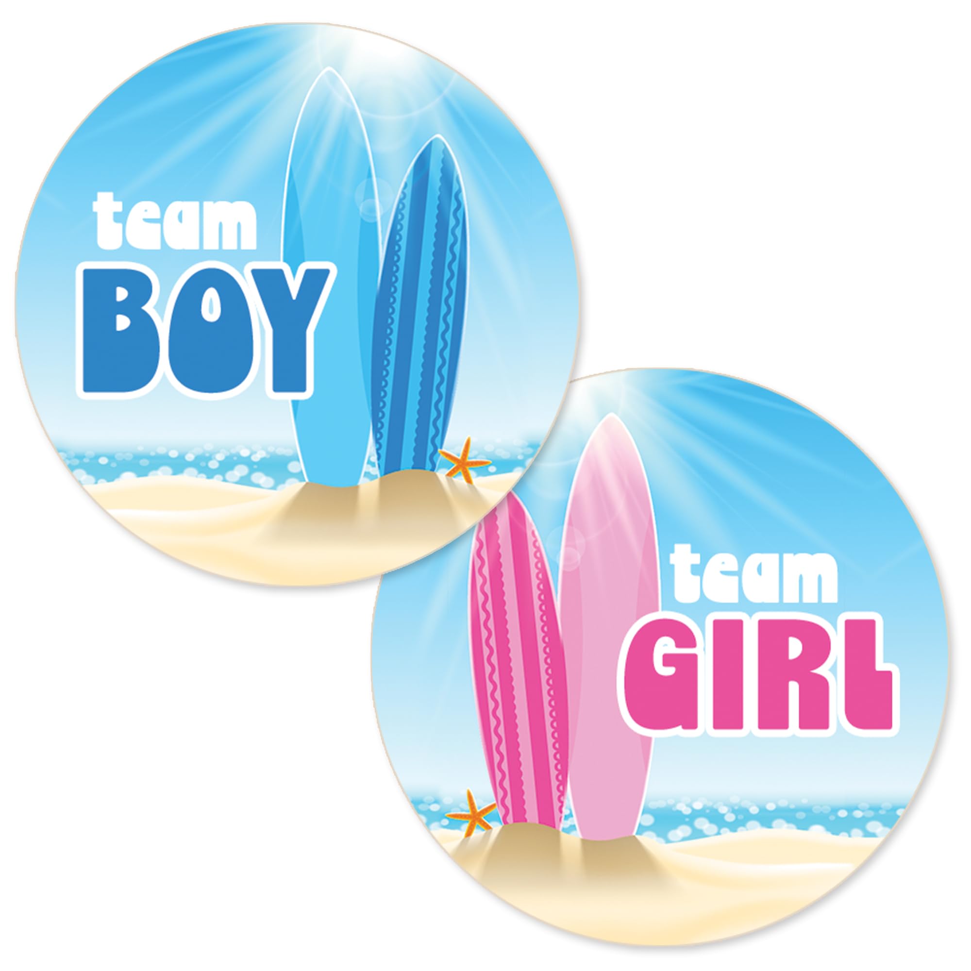 Baby on Board Gender Reveal Party, Surfboard Team Girl or Team Boy Stickers - 40 Labels, Pink or Blue Beach Gender Reveal