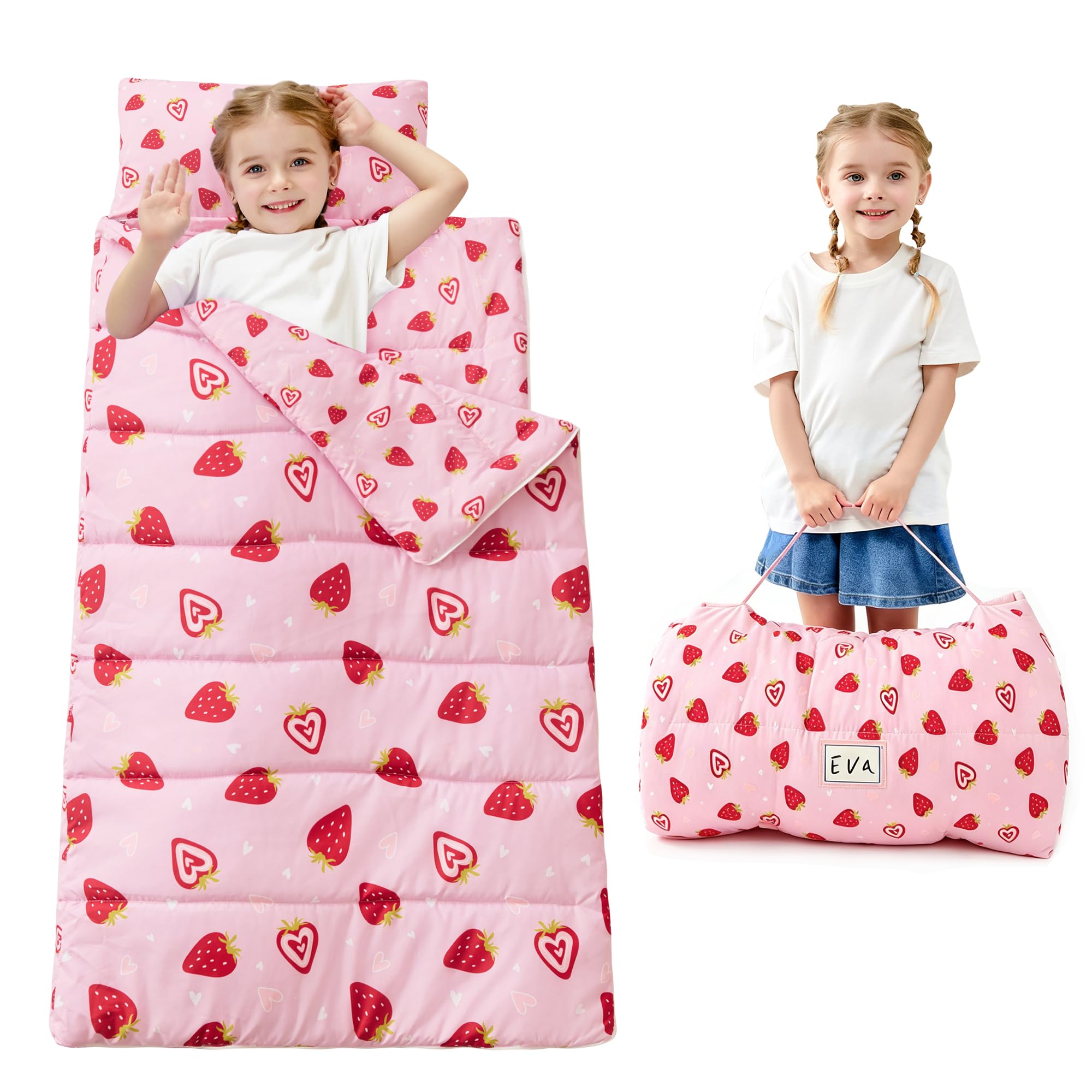 Toddler Nap Mat for Preschool 50''x30'' Sleeping Mat with Removable Pillow and Minky Blanket for Kids Ages 3-7 Roll Up Soft Sleeping Bag for Boys Girls Kindergarten Daycare Sleepover