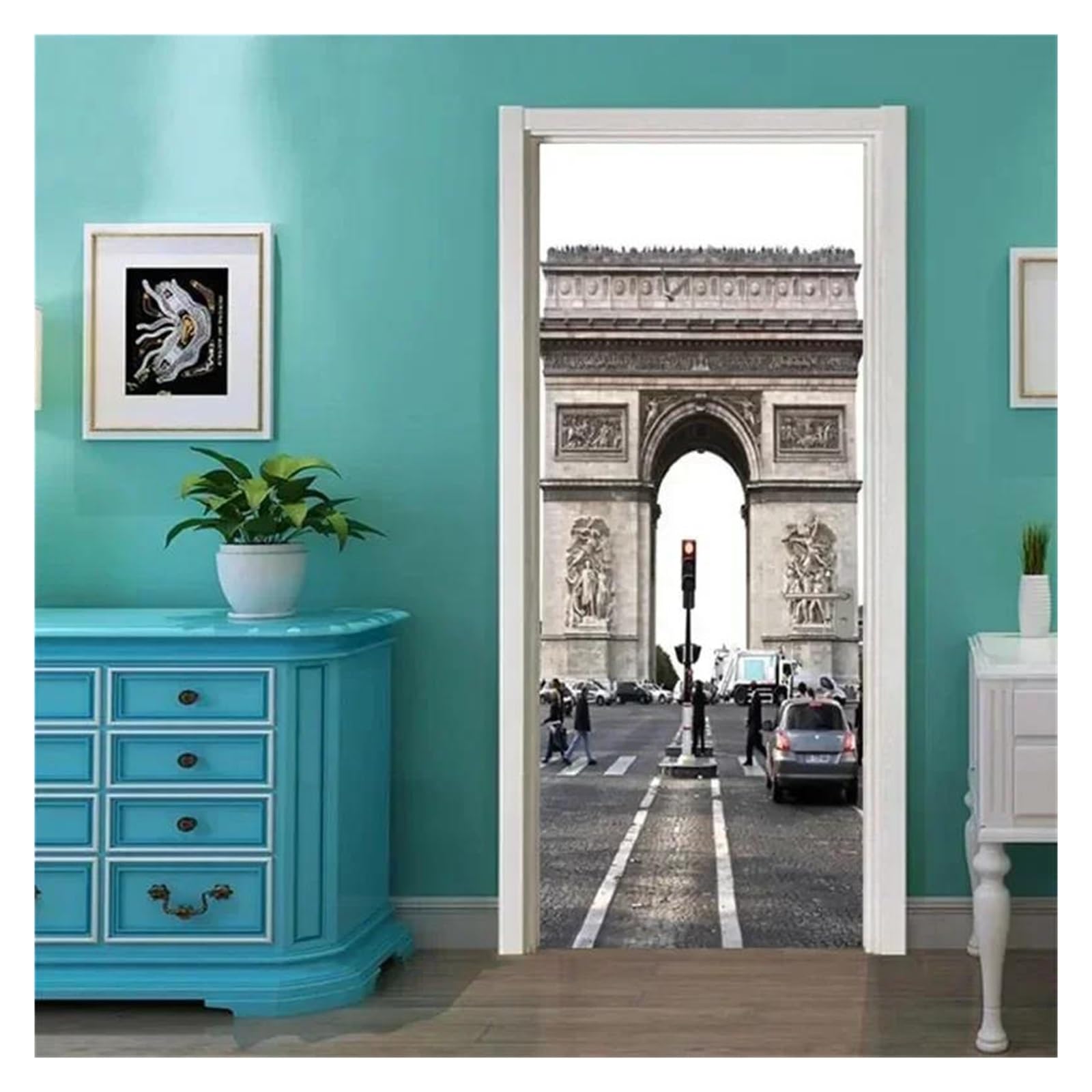 Rénovation murale sans travaux grâce au sticker de porte ville moderne en vinyle auto-adhésif