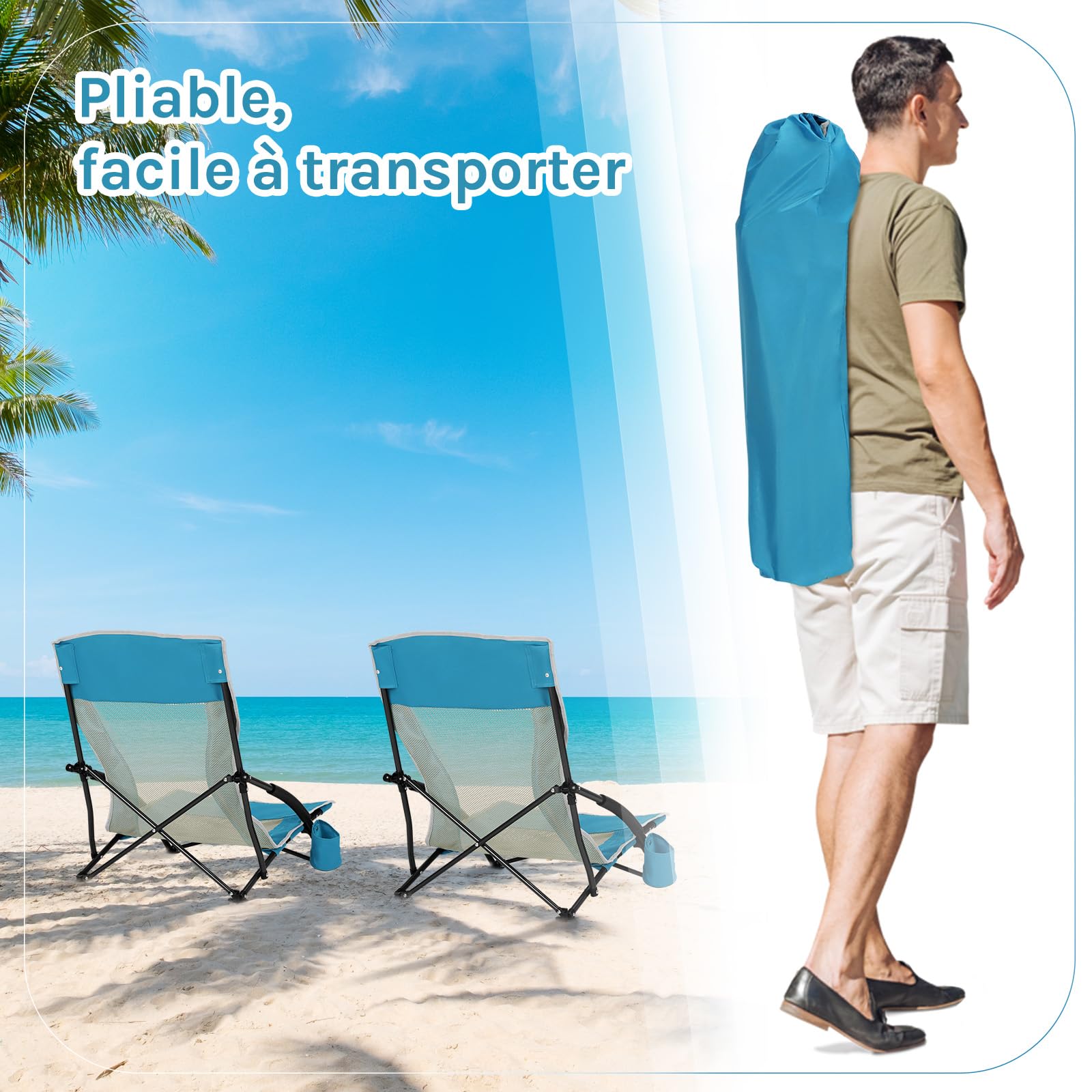 WOLTU Chaise de Plage Pliable, Lot de 2 Chaise Pliante Camping, Transat de Plage, Chaise de Pêche Portable, Fauteuil Pliant, avec Dossier en Maille, Porte-gobelet, Sac de Transport, Bleu