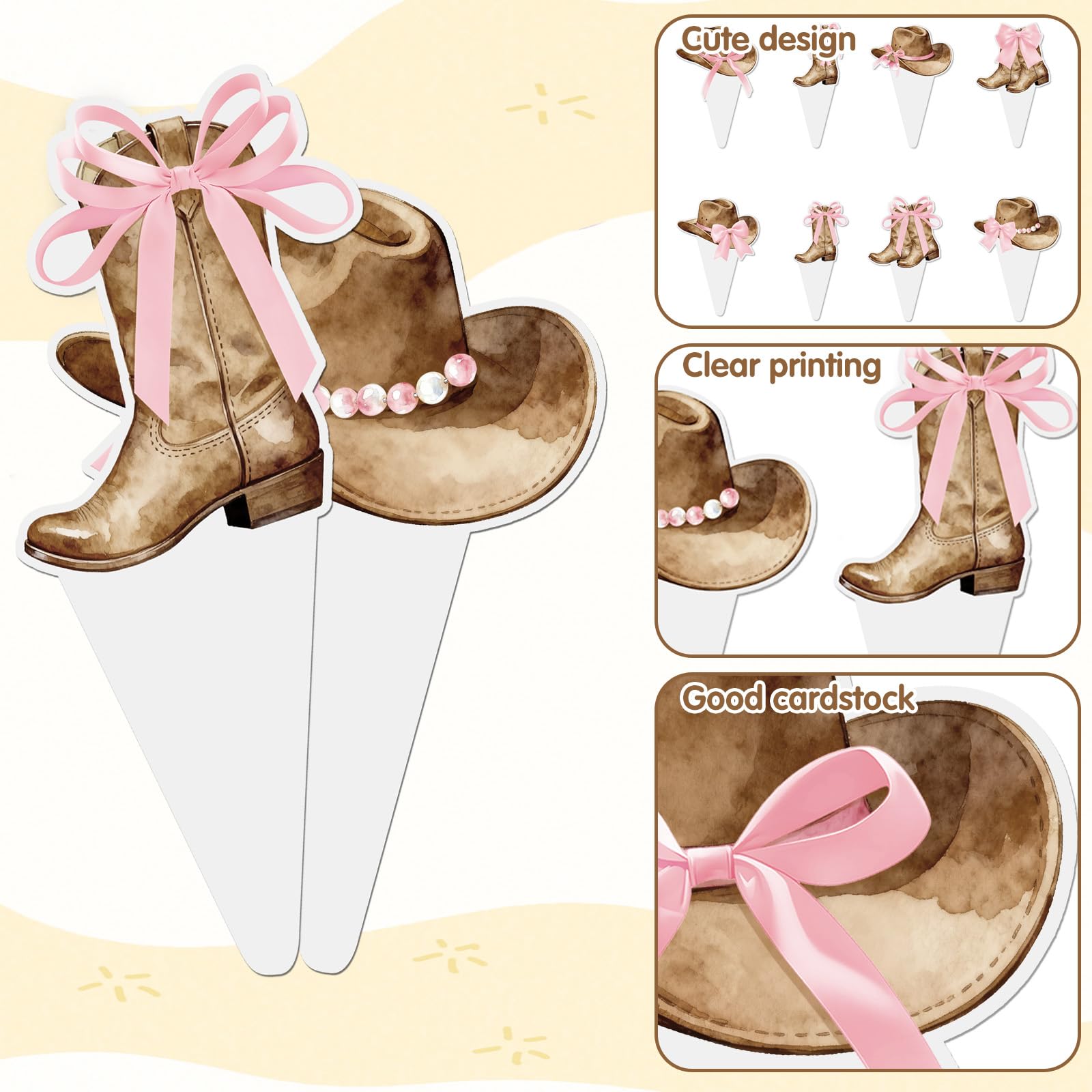 48Pcs Women's Cowboy Boots and Hats with Pink Bow Cupcake Decorations, Cowgirl Cupcake Toppers Decorations Supplies - Image 3