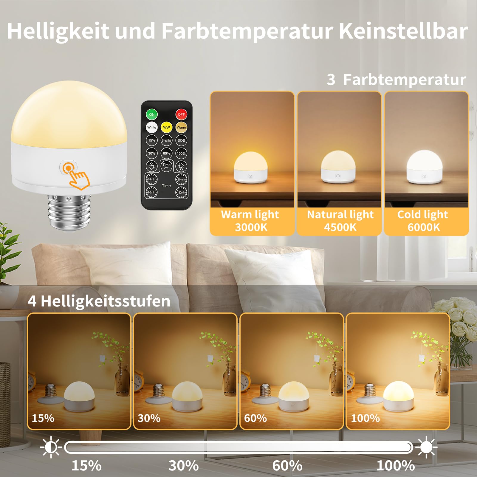 Suright 2 Stück Wiederaufladbare Glühbirne mit Batterie, E27 LED 3 Farben Dimmbare Abnehmbare Akku Glühbirne mit Fernbedienung und Timing für Nicht Verkabelte Dekoration Lampen