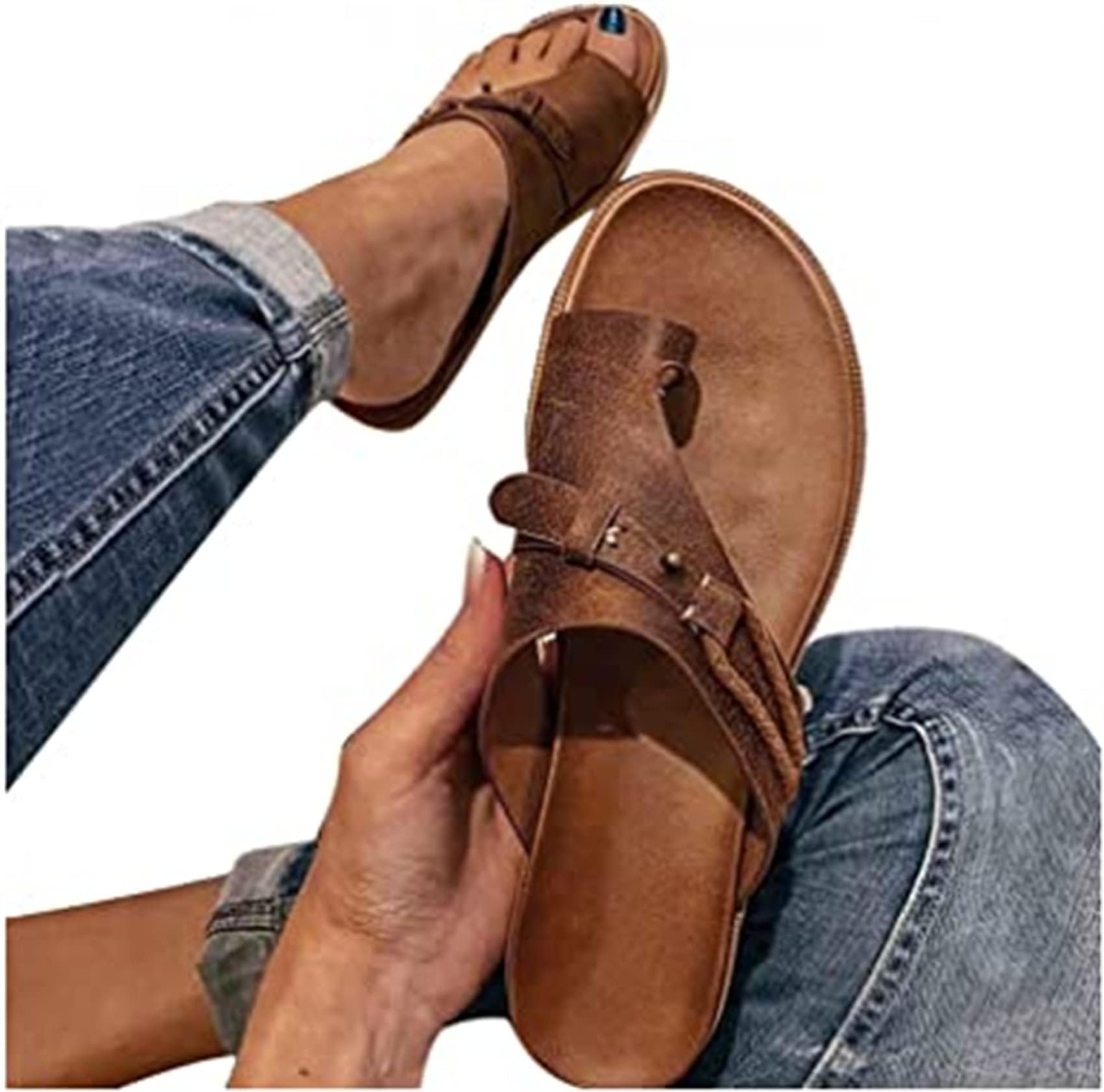 Ring-Toe Leather Correction Flip Flops, Casual Toe Separate Flat Shoes with Arch Support, Bunion Correction Slippers, Outdoor Hiking Walking Beach Sandals