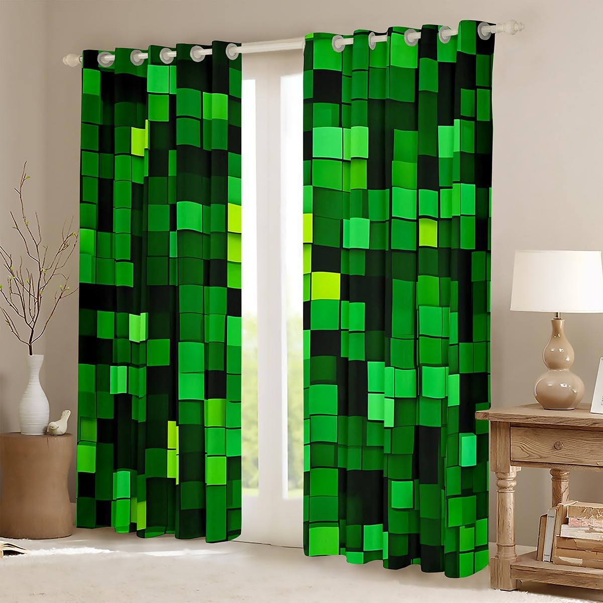 Manfei Pixelated Blocks Miners Rideaux occultants pour fenêtre de jeux vidéo Motif géométrique Patchwork Chambre à coucher Salle de jeux Vert 2 panneaux 117 x 137 cm
