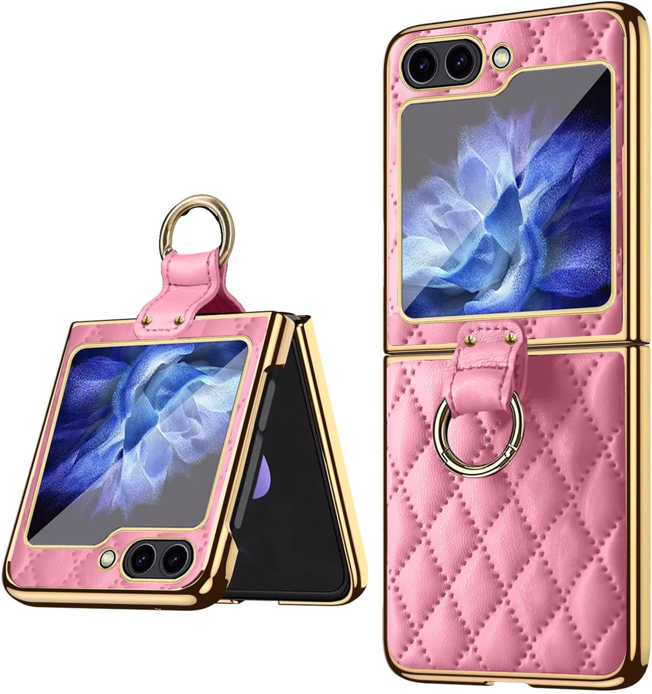 Case for Samsung Galaxy Z Flip 5, Luxury Gold Plated Frame Quilted Leather Ultra Thin Folding Women Case with Ring Holder Camera Lens Protection Film for Samsung Z Flip 5 2023