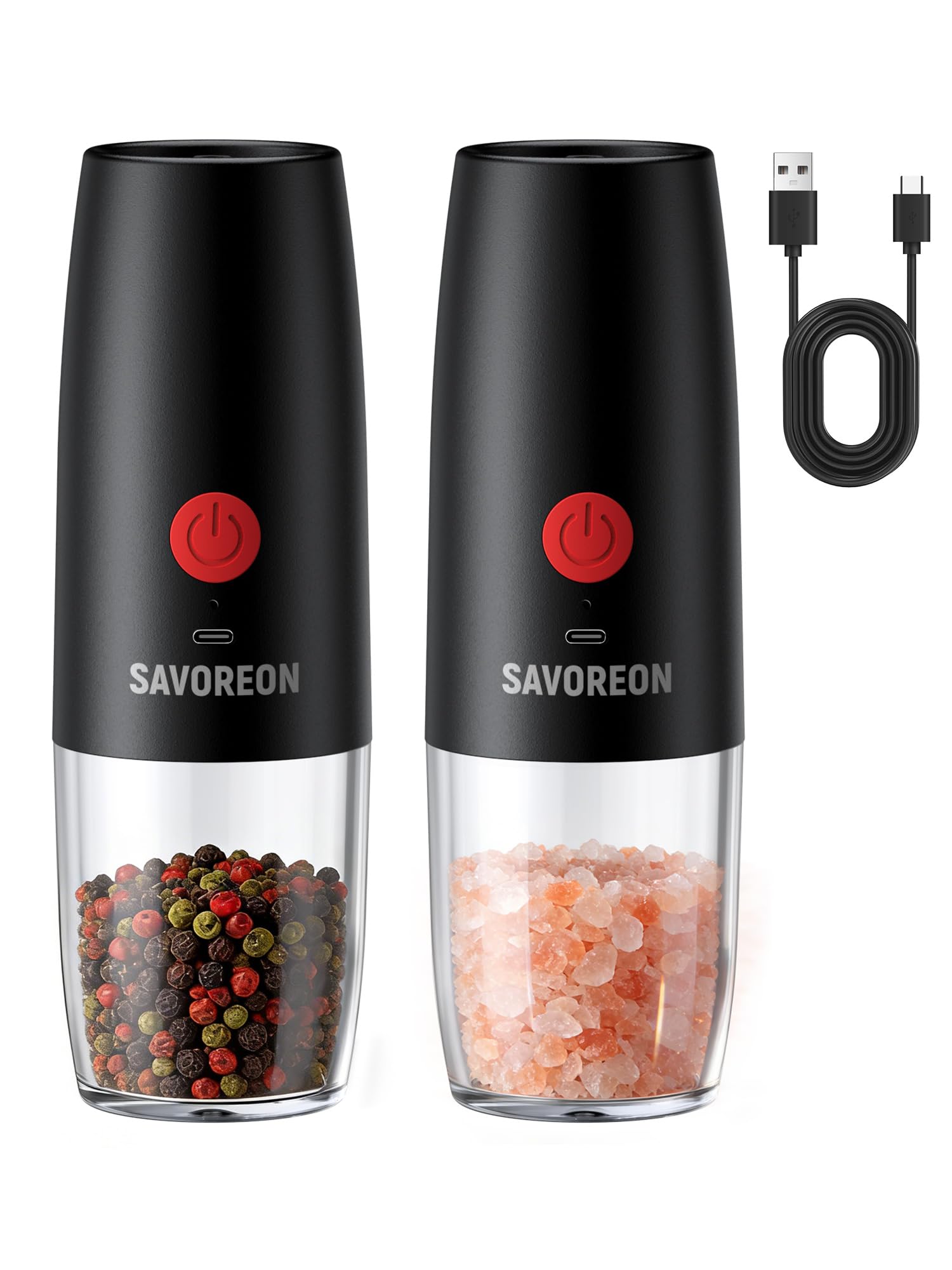 SAVOREON Rechargeable Electric Salt and Pepper Grinder Set - 150ml Large Capacity, Fast USB Charging, Ceramic Core, One-Handed Automatic Grinding, Adjustable Coarseness, Home & Kitchen Gadgets