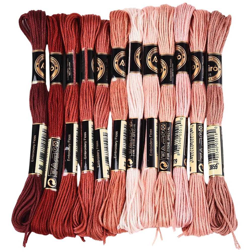 CABODYALS 12 Skeins 6 Strands Red Brown Embroidery Thread Variegated Gradient Cross Stitch Floss Friendship Bracelet String Yarn Polyester Threads Bulk for Hand Sewing Bracelets Making Needlecraft Diy