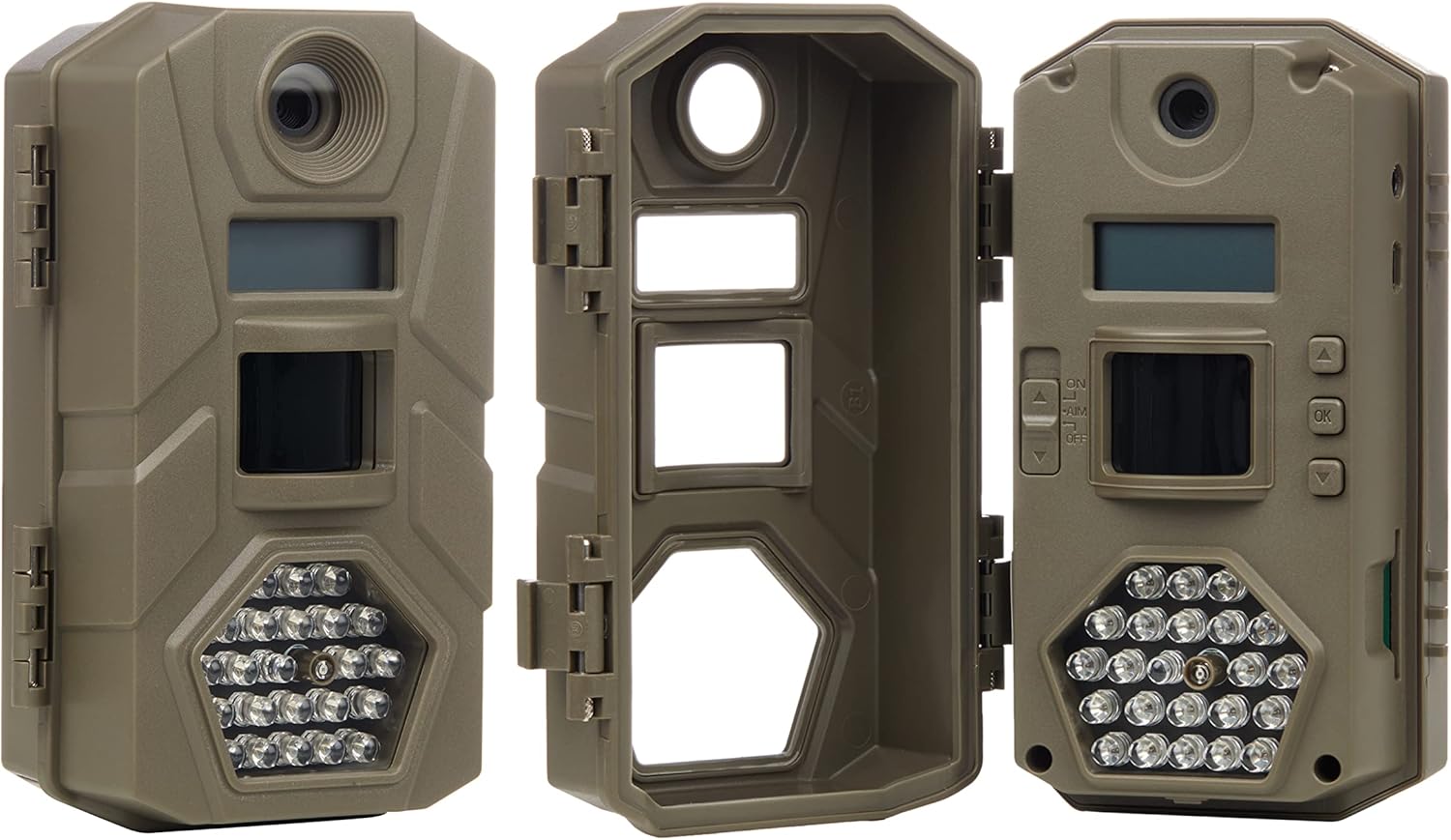 Üç views of the Tasco Trail Camera, one showing the camera open with the battery compartment and SD card slot visible.