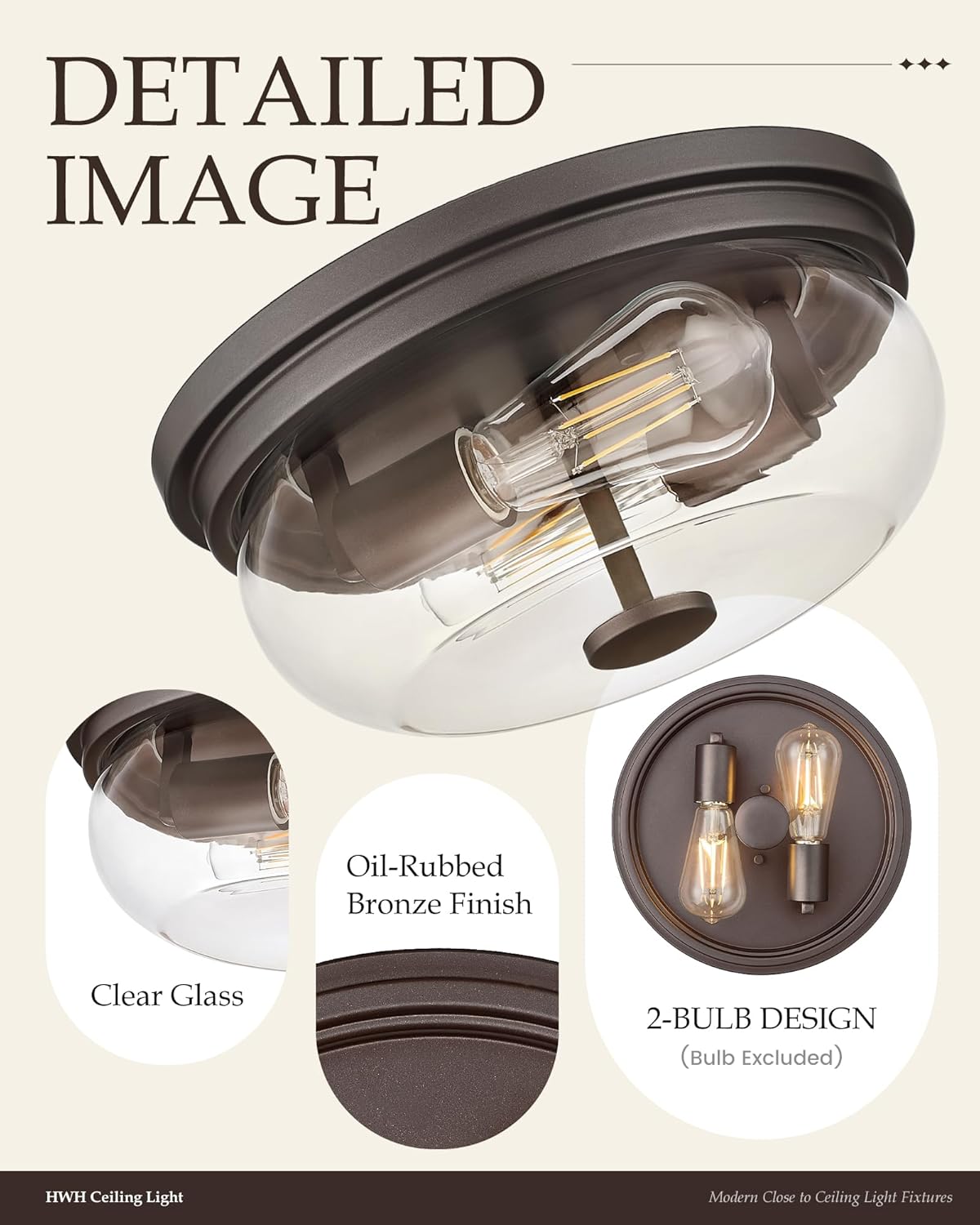 HWH INVESTMENT 2-Light Flush Mount Ceiling Light, Rustic Ceiling Light Fixture for Closet Hallway Entryway, 12 Inch Flush Mount Ceiling Light with Clear Glass, Oil-Rubbed Bronze Finish, 5HJX109F ORB