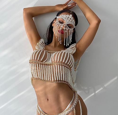 Miniatura 9 de CCbodily Máscara facial de diamantes de imitación para mujer, máscara de cadena de cristal con diamantes de imitación para mujer