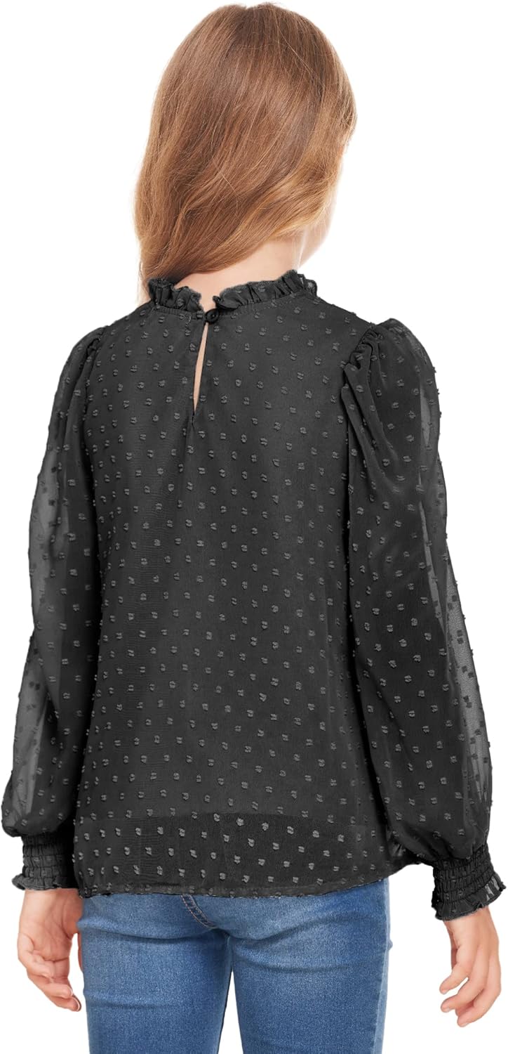 Arshiner Girls Long Sleeve Shirts Chiffon Blouses Swiss Dot Frill Neck Casual Loose Cute Top Tee - Image 6