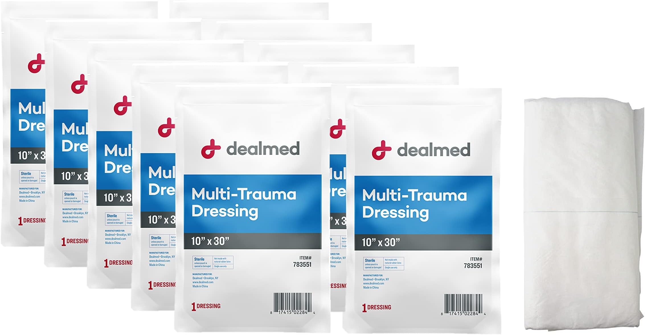 Dealmed 10" x 30" Multi-Trauma Dressing – Sterile Emergency Oversized Pad, Superior Absorbency, Protection and Padding, Wound Care Product for First Aid Kit (Pack of 10)