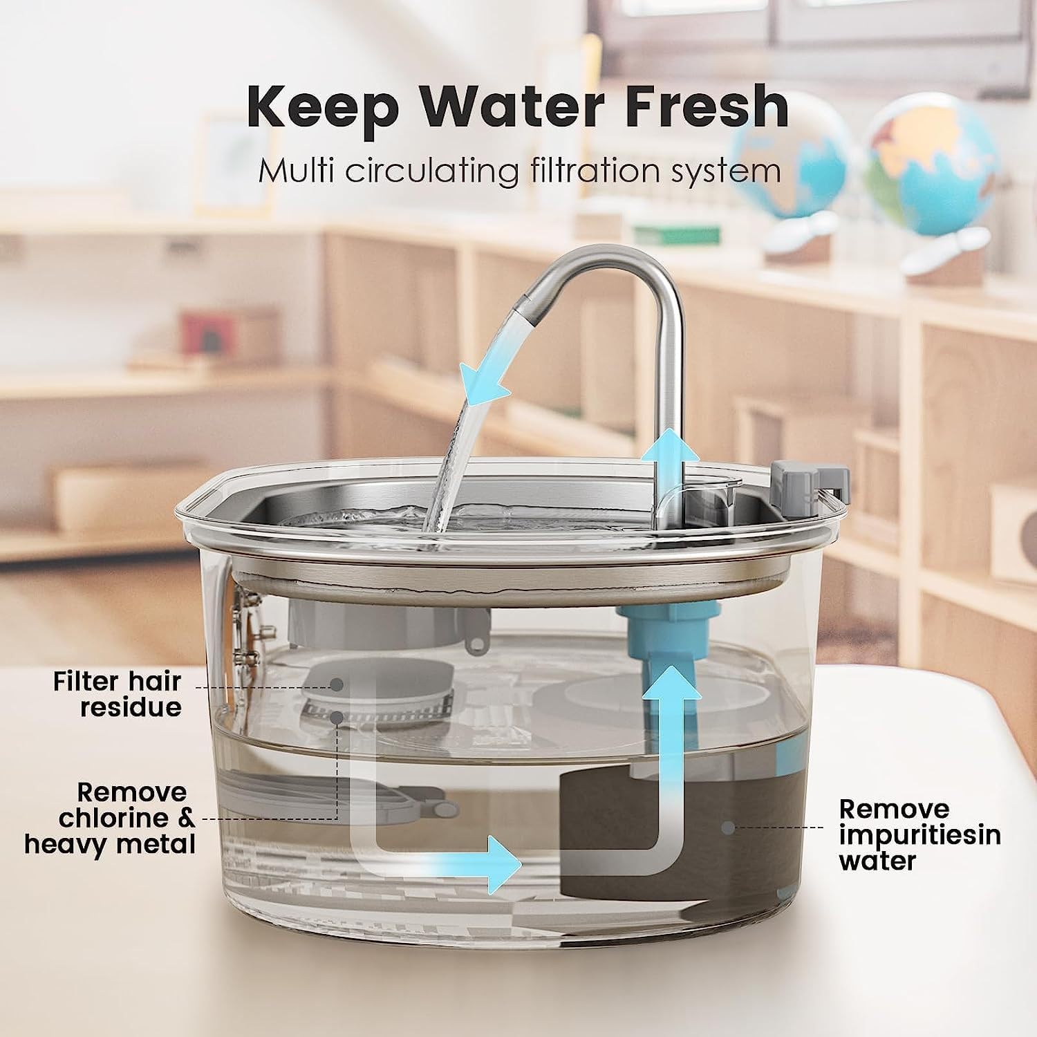 Stainless Steel Cat Water Fountain, 108oz/3.2L Automatic Pet Water Dispenser with Water Level Window, Quiet Pump, Multi-Stage Filtration for Cats and Dogs
