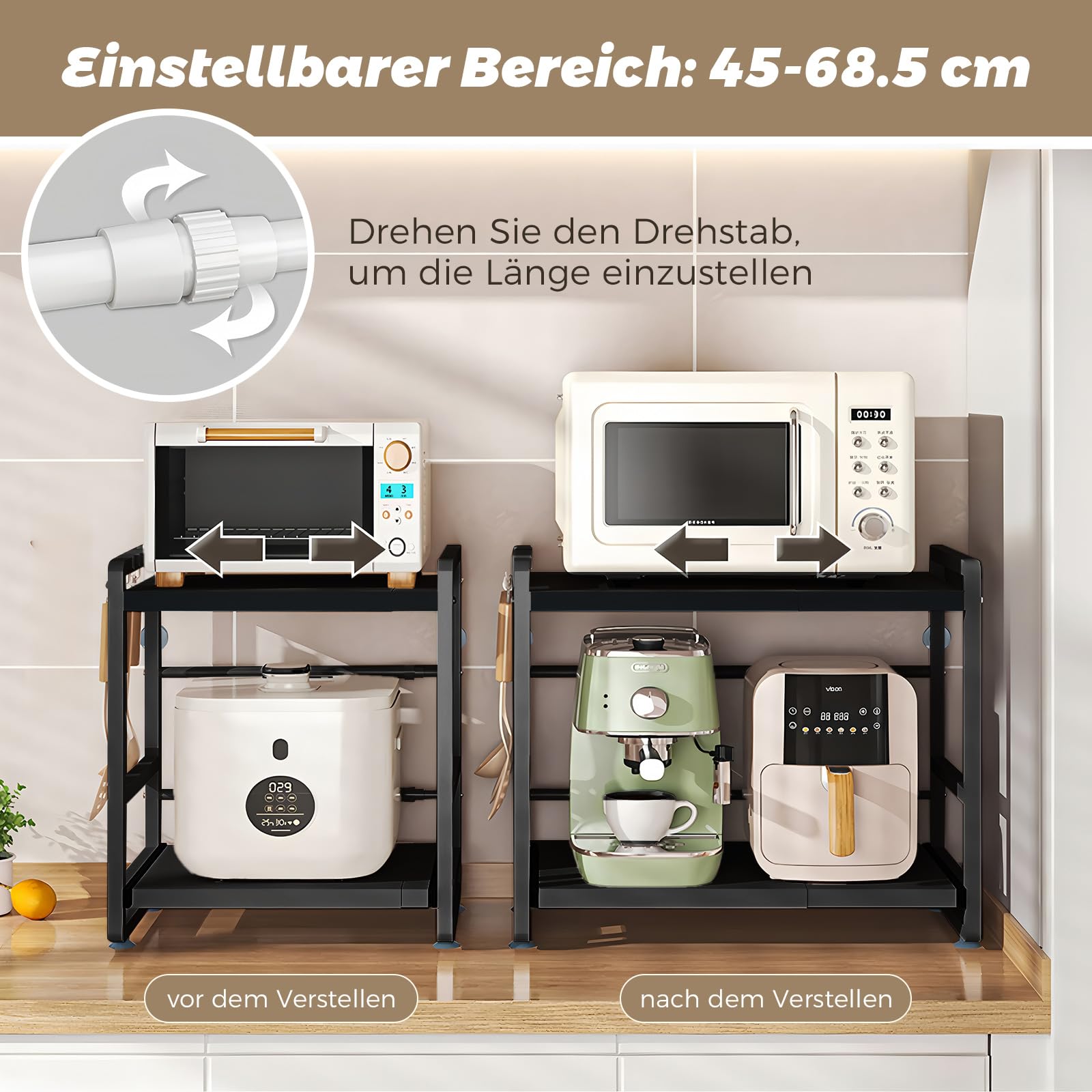 2-stüfiges Mikrowellenregal – Höhenverstellbare & Ausziehbare Küchen-Ablage mit Schublade – Aus Kohlenstoffstahl – Inkl. Haken & Verstärkungssaugnäpfen – Einfache Montage (Schwarz)